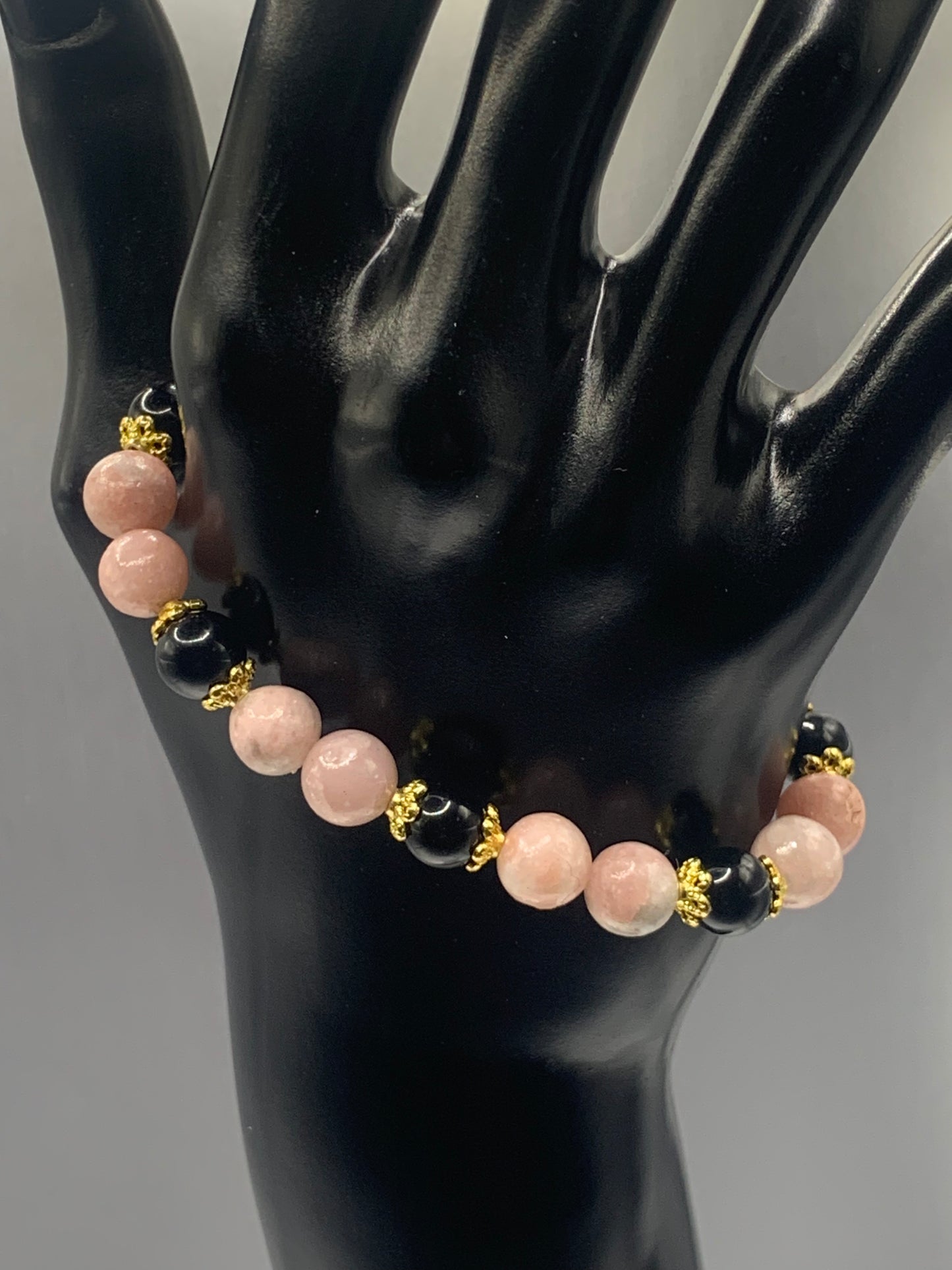 Black obsidian with pink opal semi precious stone/crystal beaded elastic bracelet with gold plated flower bead caps