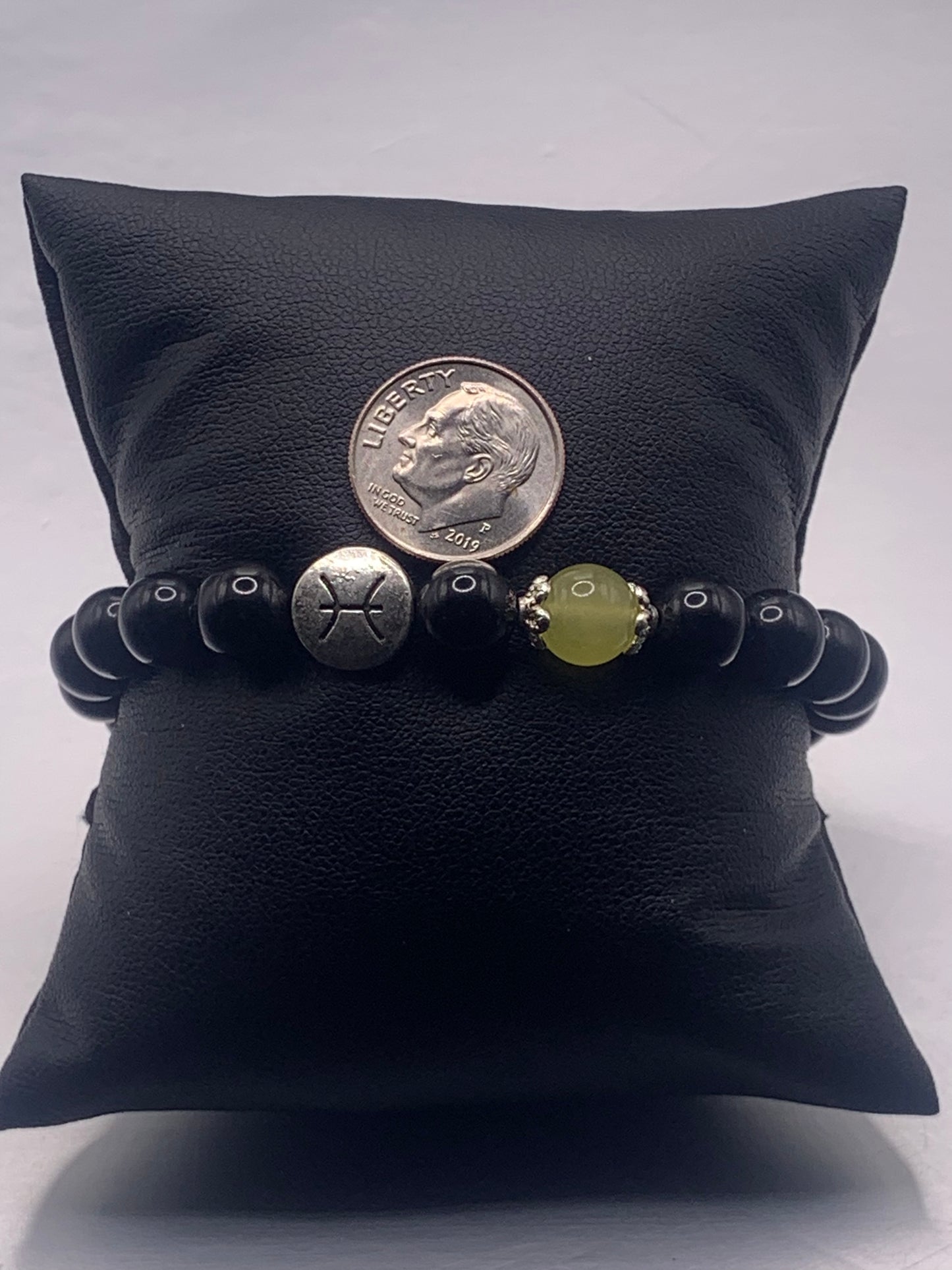 Pisces Zodiac black obsidian with apple agate elastic beaded bracelet with silver accents