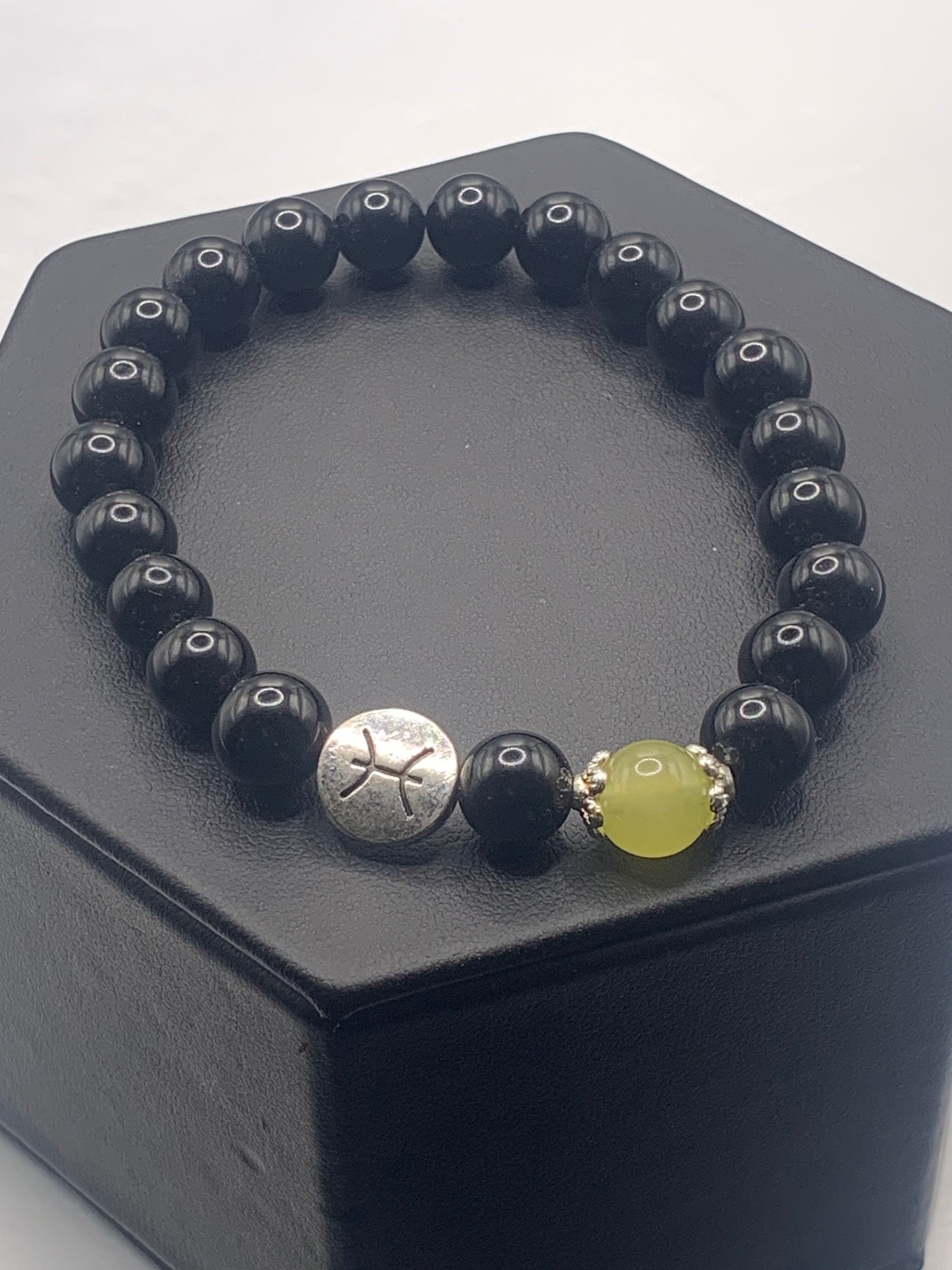 Pisces Zodiac black obsidian with apple agate elastic beaded bracelet with silver accents