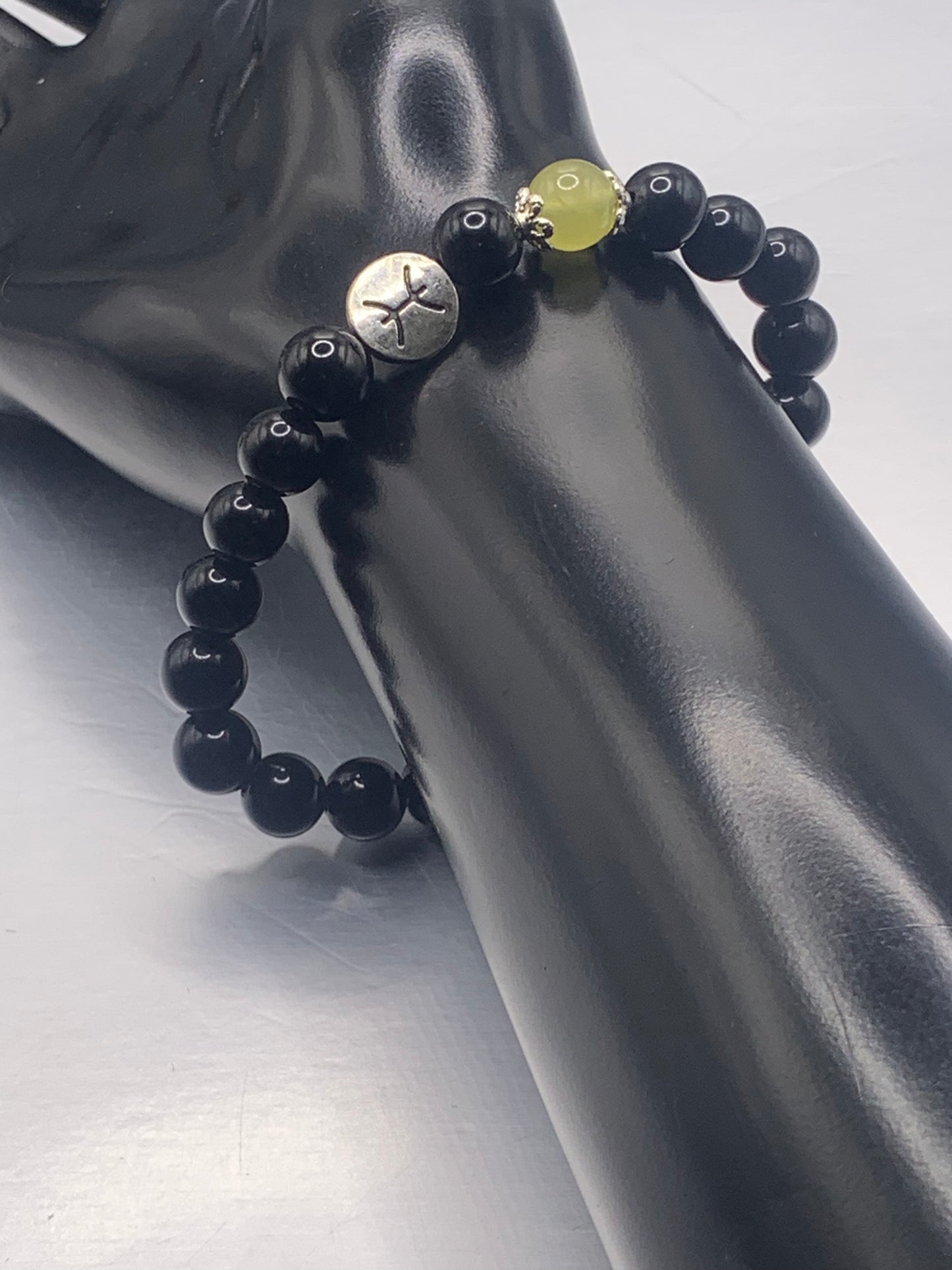 Pisces Zodiac black obsidian with apple agate elastic beaded bracelet with silver accents