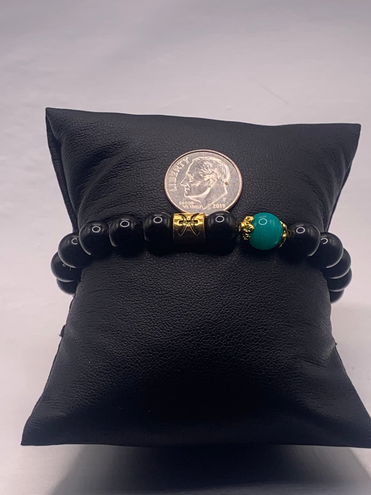 Pisces Zodiac black obsidian with aquamarine chalcedony elastic beaded bracelet with gold accents