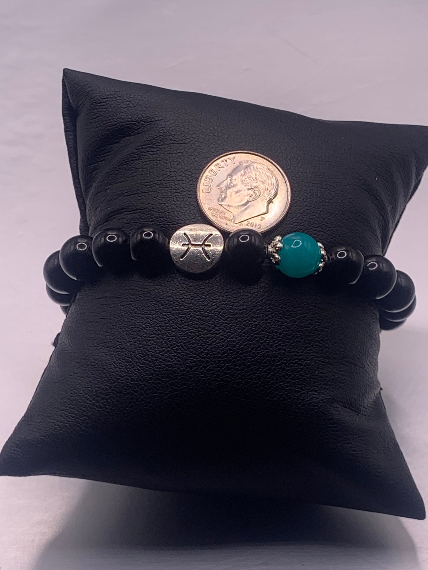 Pisces Zodiac black obsidian with aquamarine chalcedony elastic beaded bracelet with silver accents