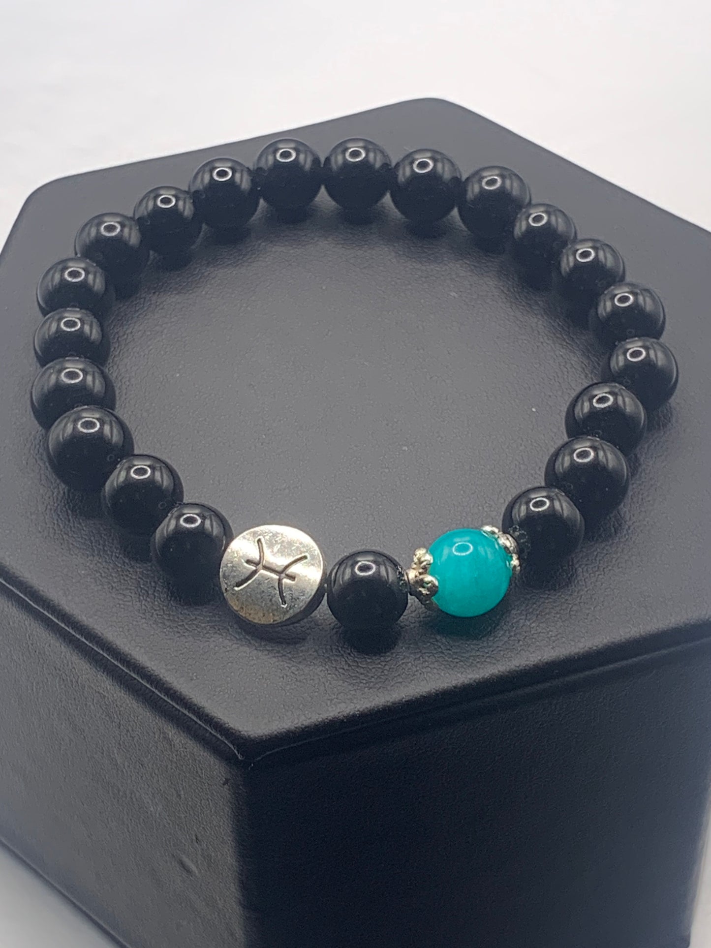 Pisces Zodiac black obsidian with aquamarine chalcedony elastic beaded bracelet with silver accents