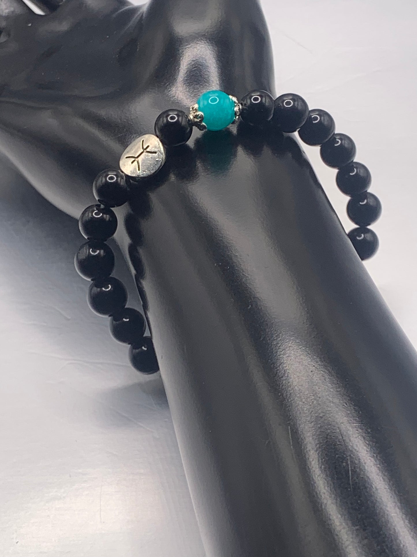 Pisces Zodiac black obsidian with aquamarine chalcedony elastic beaded bracelet with silver accents