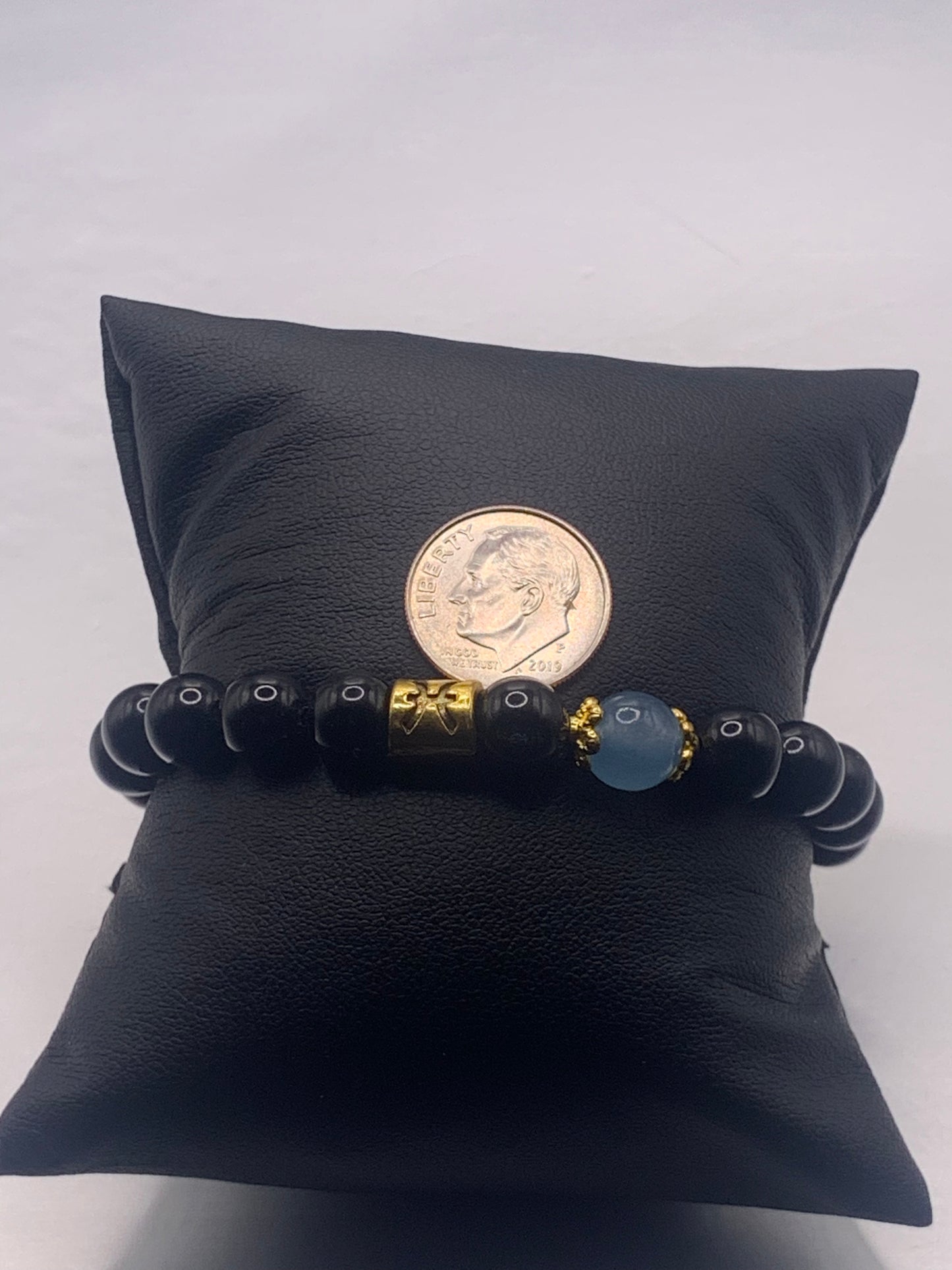 Pisces Zodiac black obsidian with blue agate elastic beaded bracelet with gold accents