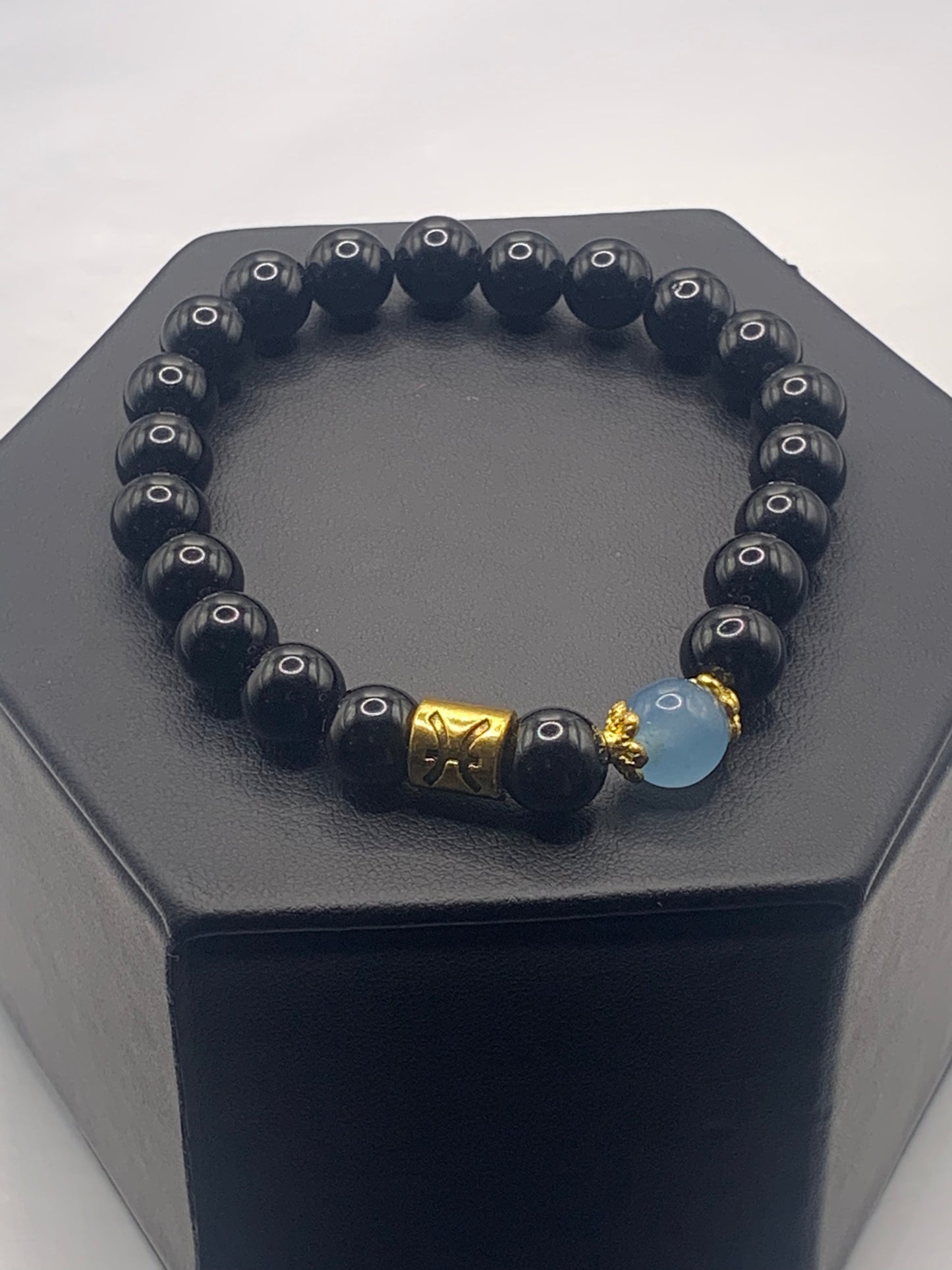 Pisces Zodiac black obsidian with blue agate elastic beaded bracelet with gold accents