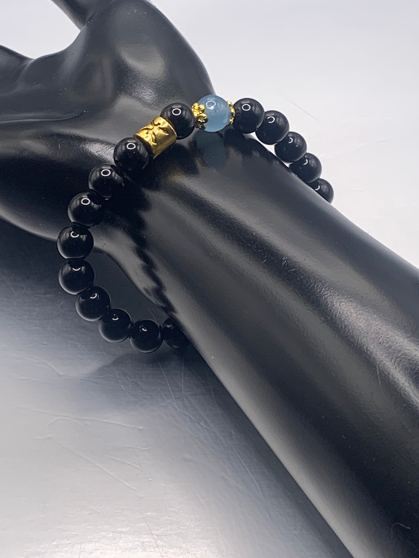 Pisces Zodiac black obsidian with blue agate elastic beaded bracelet with gold accents