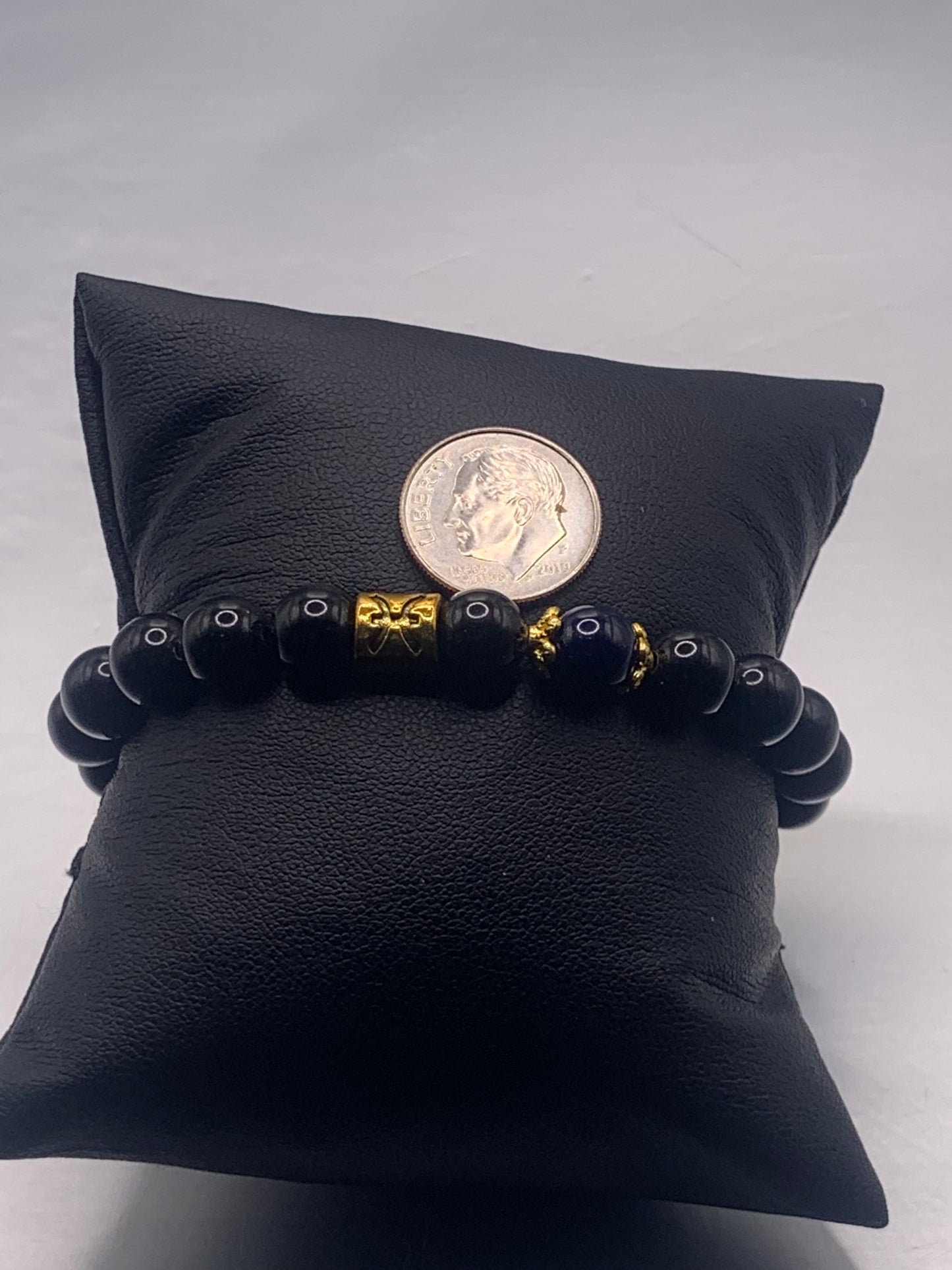 Pisces Zodiac black obsidian with blue lace agate elastic beaded bracelet with gold accents
