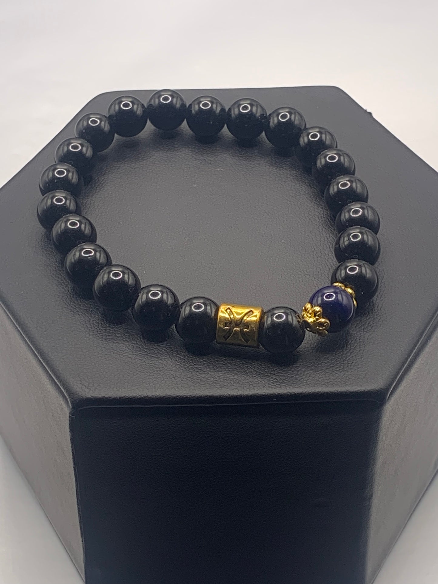 Pisces Zodiac black obsidian with blue lace agate elastic beaded bracelet with gold accents