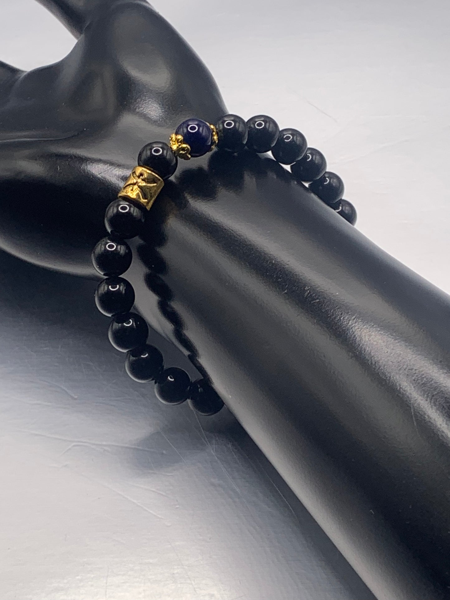 Pisces Zodiac black obsidian with blue lace agate elastic beaded bracelet with gold accents
