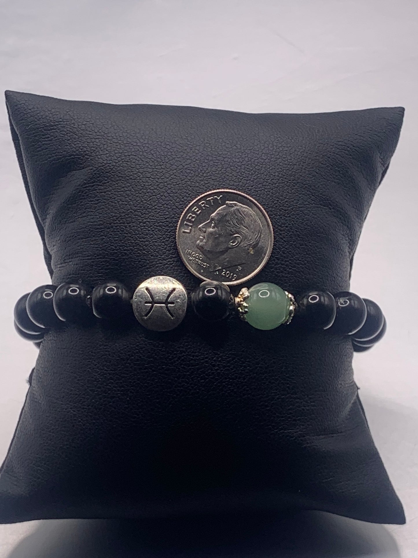 Pisces Zodiac black obsidian with green aventurine elastic beaded bracelet with silver accents