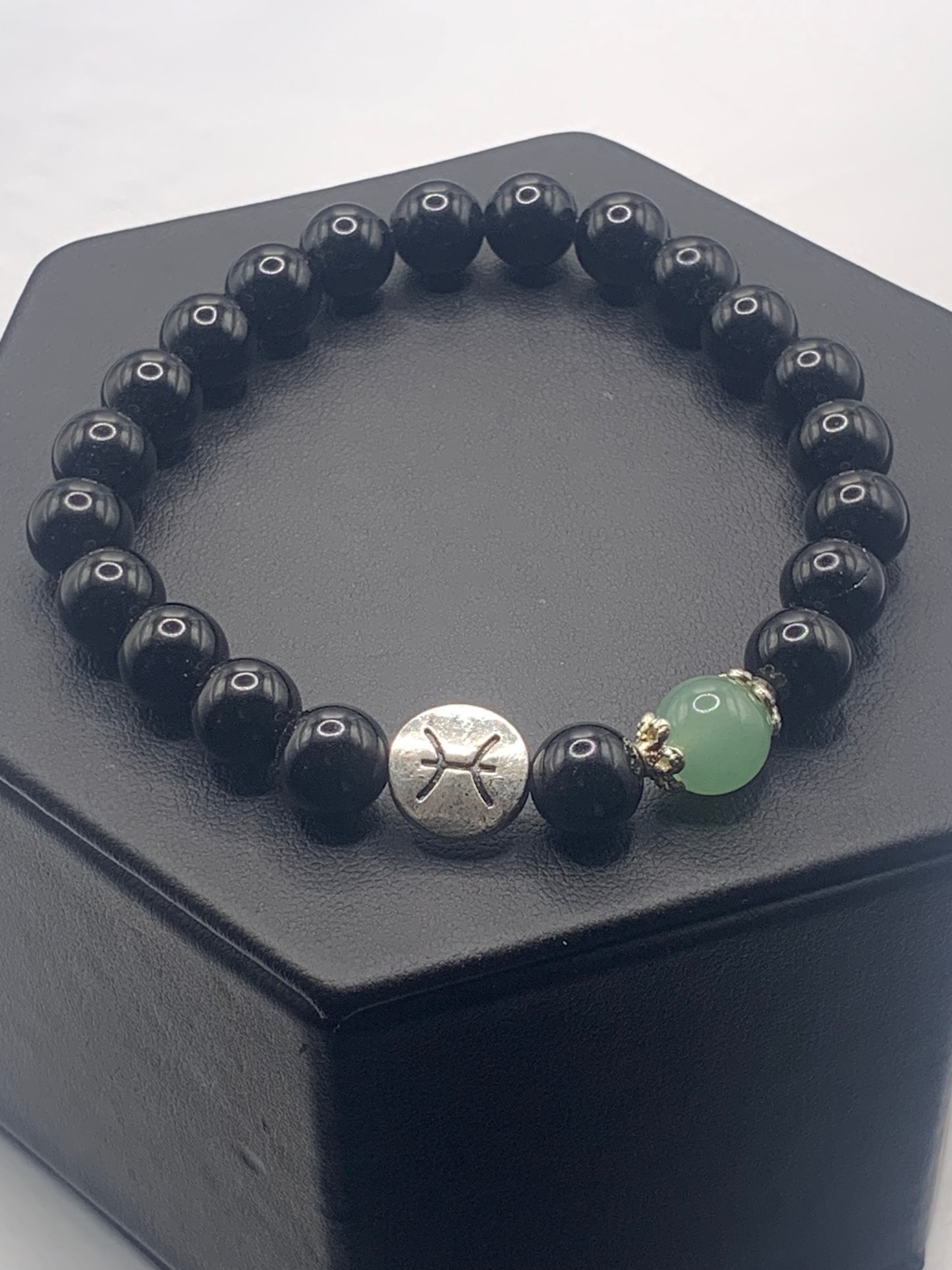 Pisces Zodiac black obsidian with green aventurine elastic beaded bracelet with silver accents