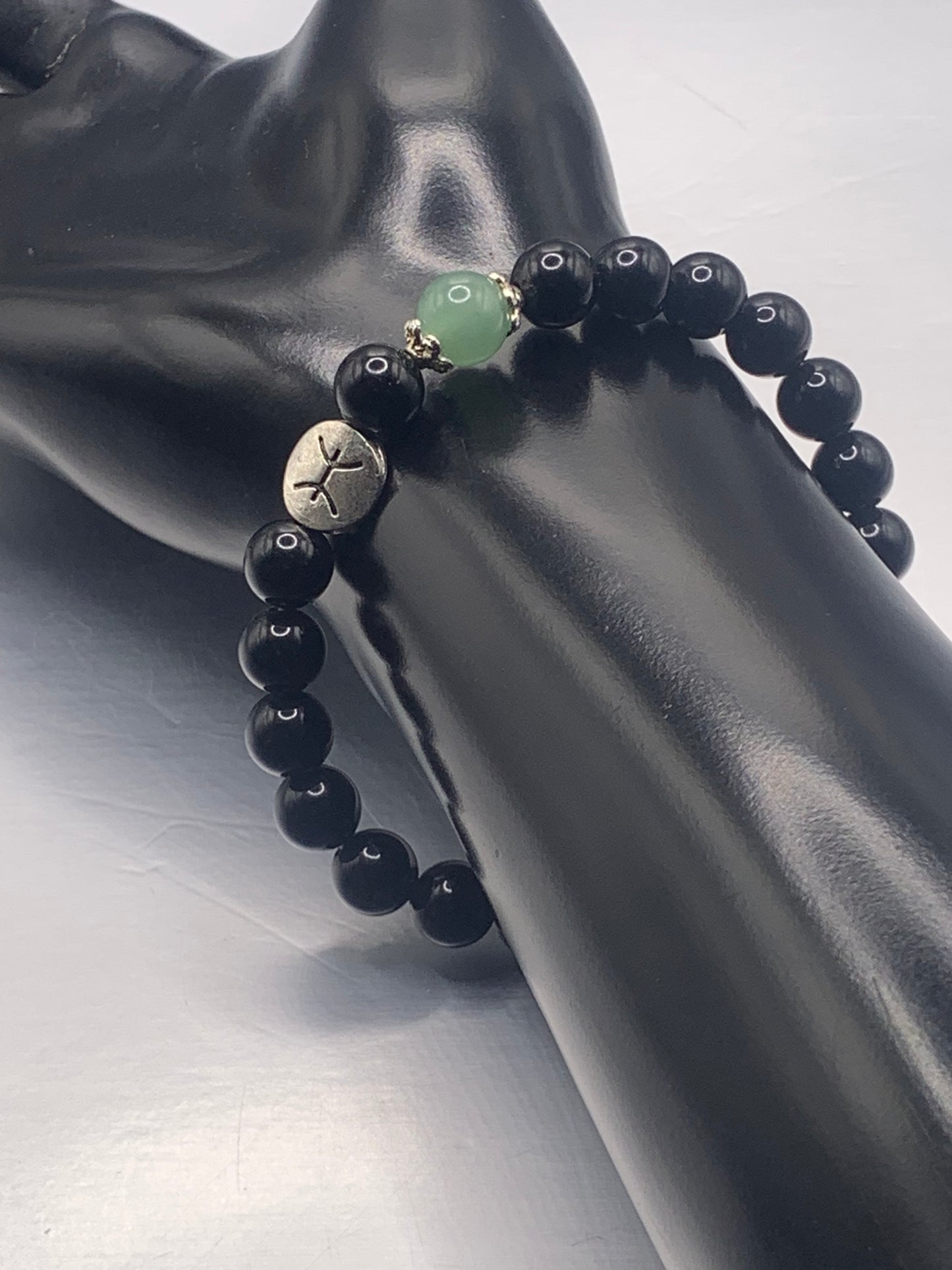 Pisces Zodiac black obsidian with green aventurine elastic beaded bracelet with silver accents