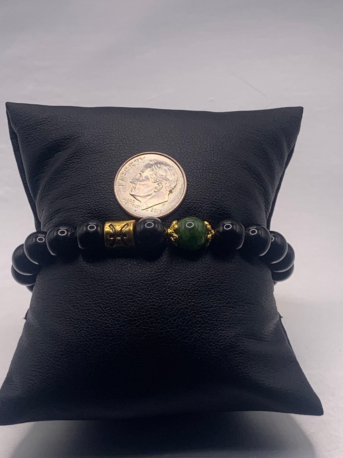 Pisces Zodiac black obsidian with green tourmaline elastic beaded bracelet with gold accents