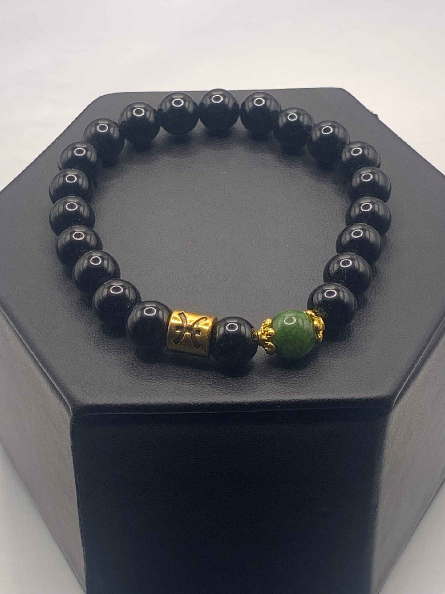 Pisces Zodiac black obsidian with green tourmaline elastic beaded bracelet with gold accents