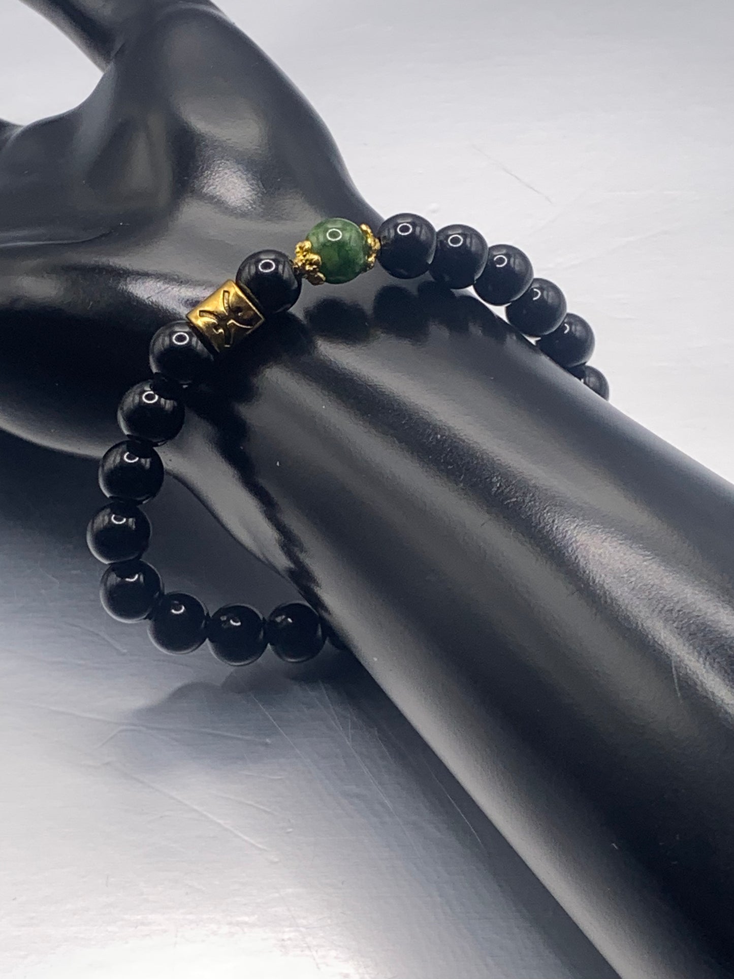 Pisces Zodiac black obsidian with green tourmaline elastic beaded bracelet with gold accents