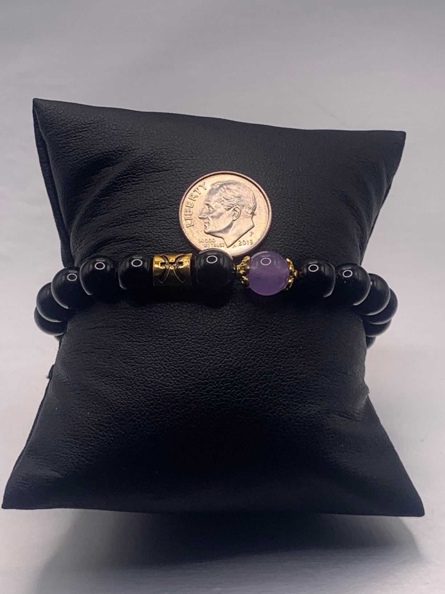 Pisces Zodiac black obsidian with lavender agate elastic beaded bracelet with gold accents