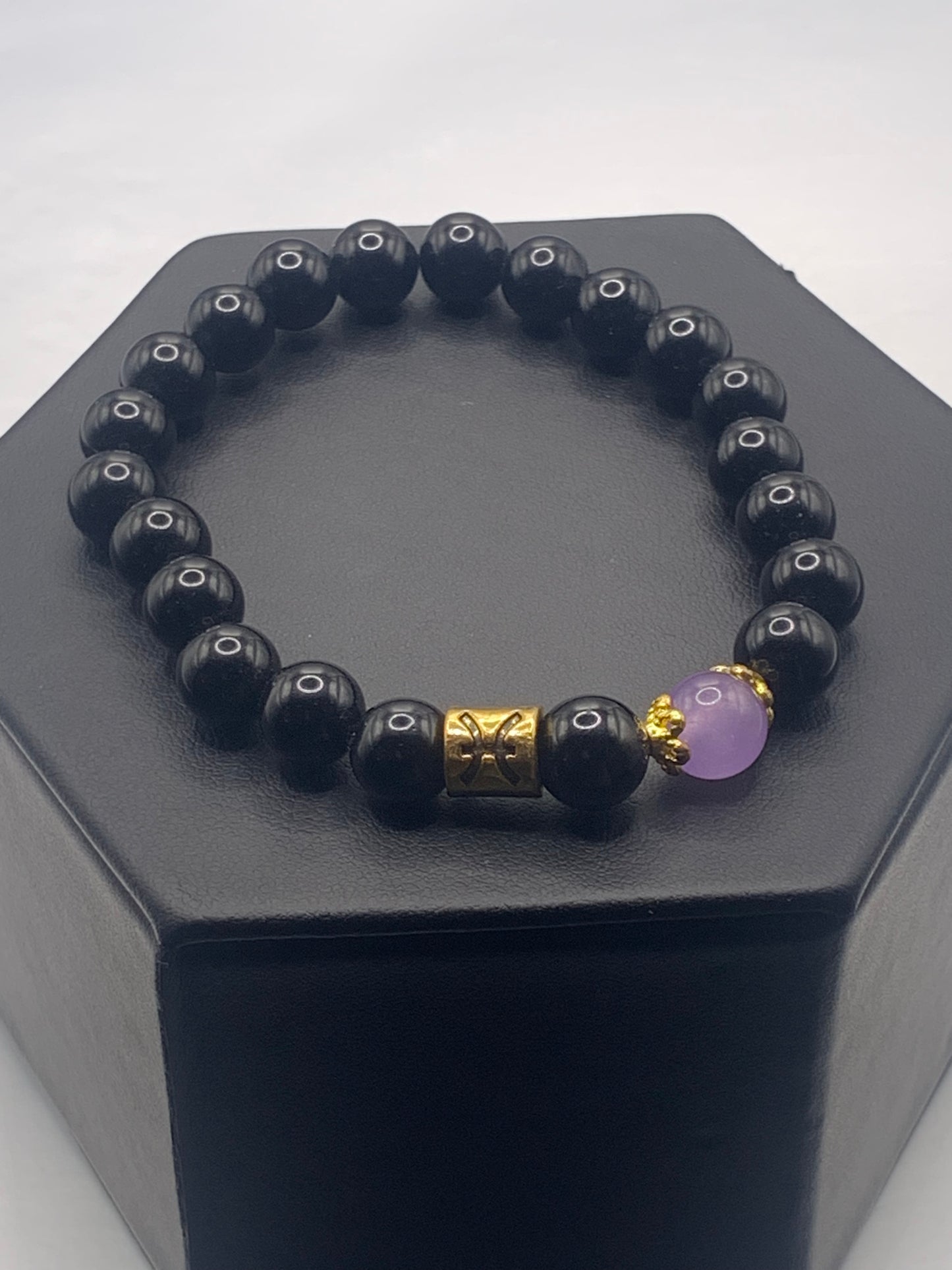 Pisces Zodiac black obsidian with lavender agate elastic beaded bracelet with gold accents