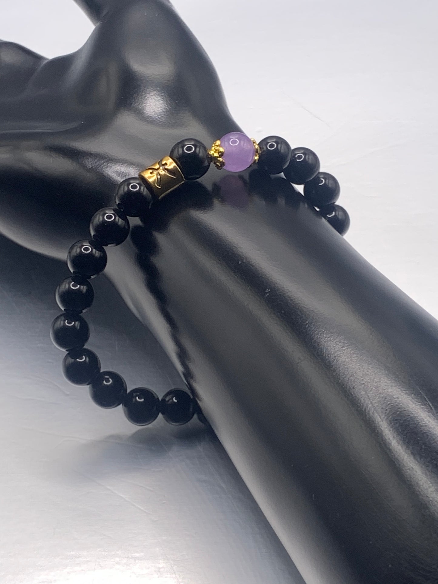 Pisces Zodiac black obsidian with lavender agate elastic beaded bracelet with gold accents