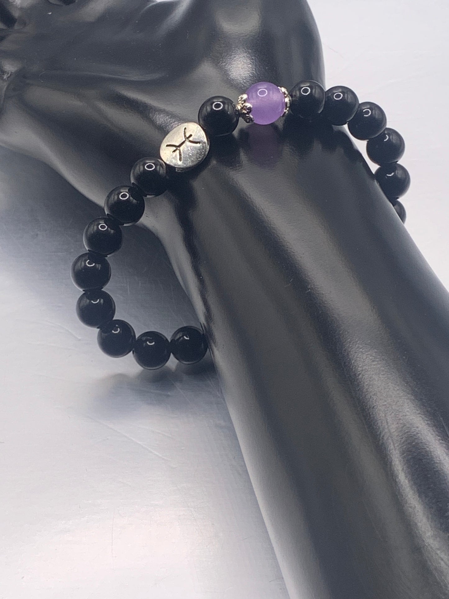 Pisces Zodiac black obsidian with lavender agate elastic beaded bracelet with silver accents