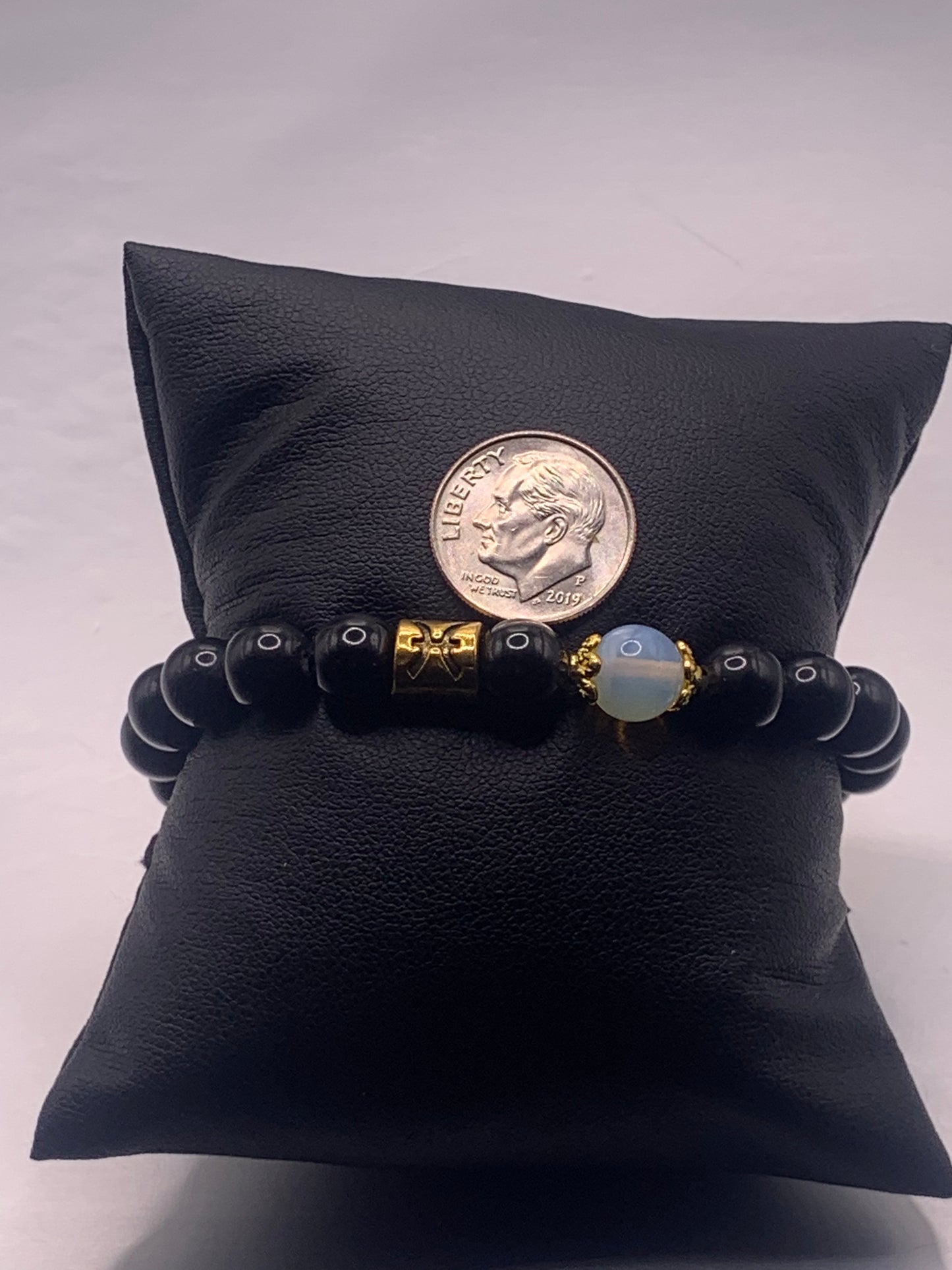 Pisces Zodiac black obsidian with opalite elastic beaded bracelet with gold accents