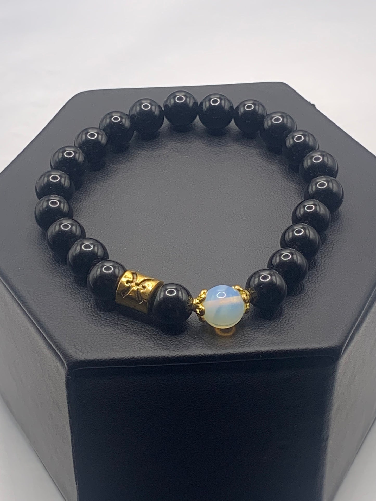 Pisces Zodiac black obsidian with opalite elastic beaded bracelet with gold accents