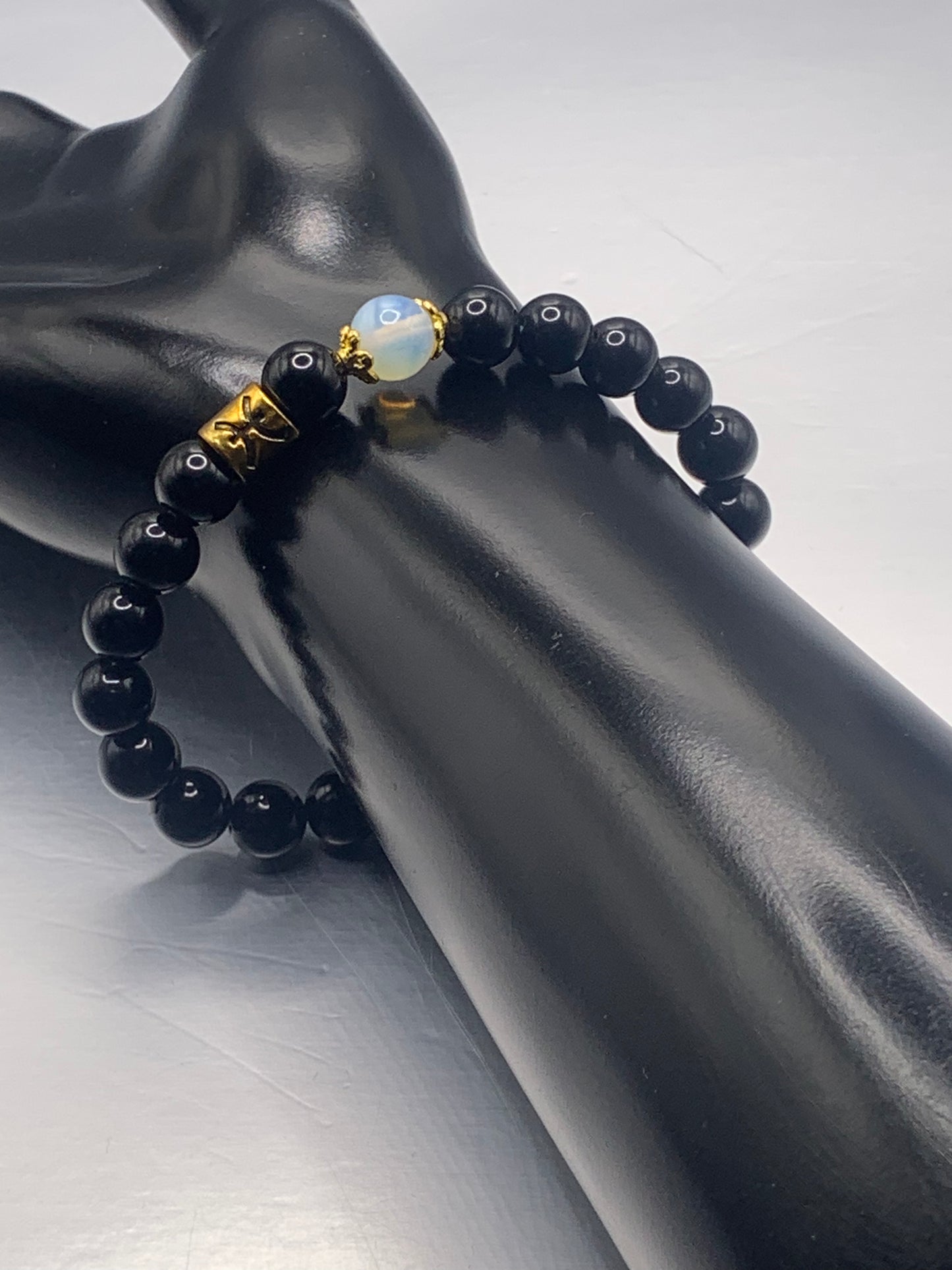 Pisces Zodiac black obsidian with opalite elastic beaded bracelet with gold accents