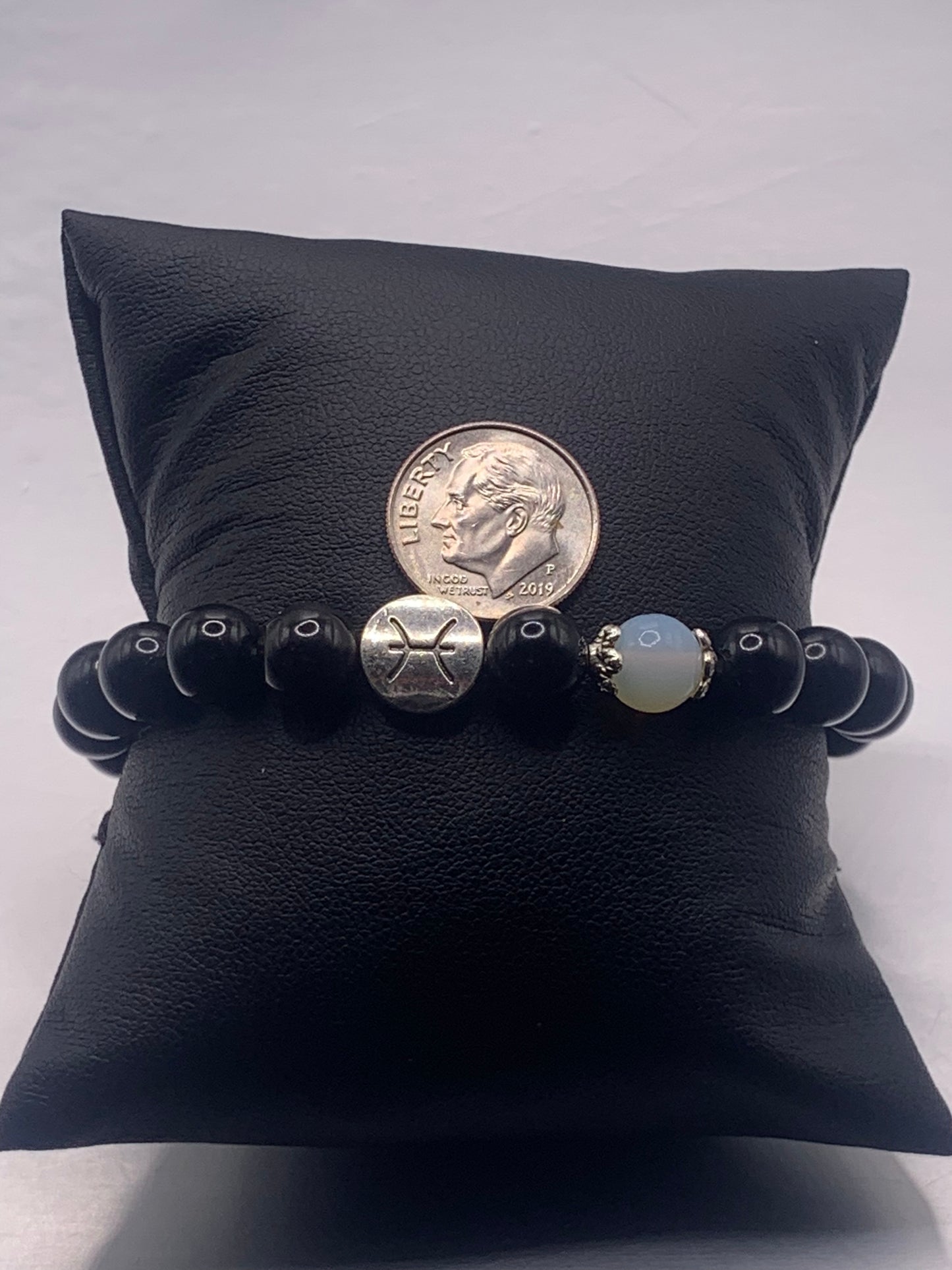 Pisces Zodiac black obsidian with opalite elastic beaded bracelet with silver accents
