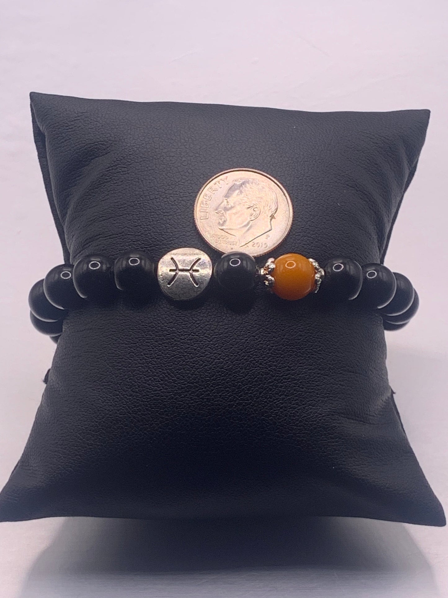 Pisces Zodiac black obsidian with orange agate elastic beaded bracelet with silver accents