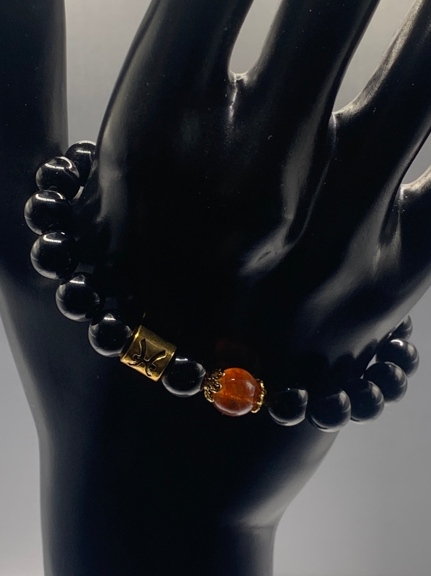Pisces Zodiac black obsidian with phoenix agate elastic beaded bracelet with gold accents