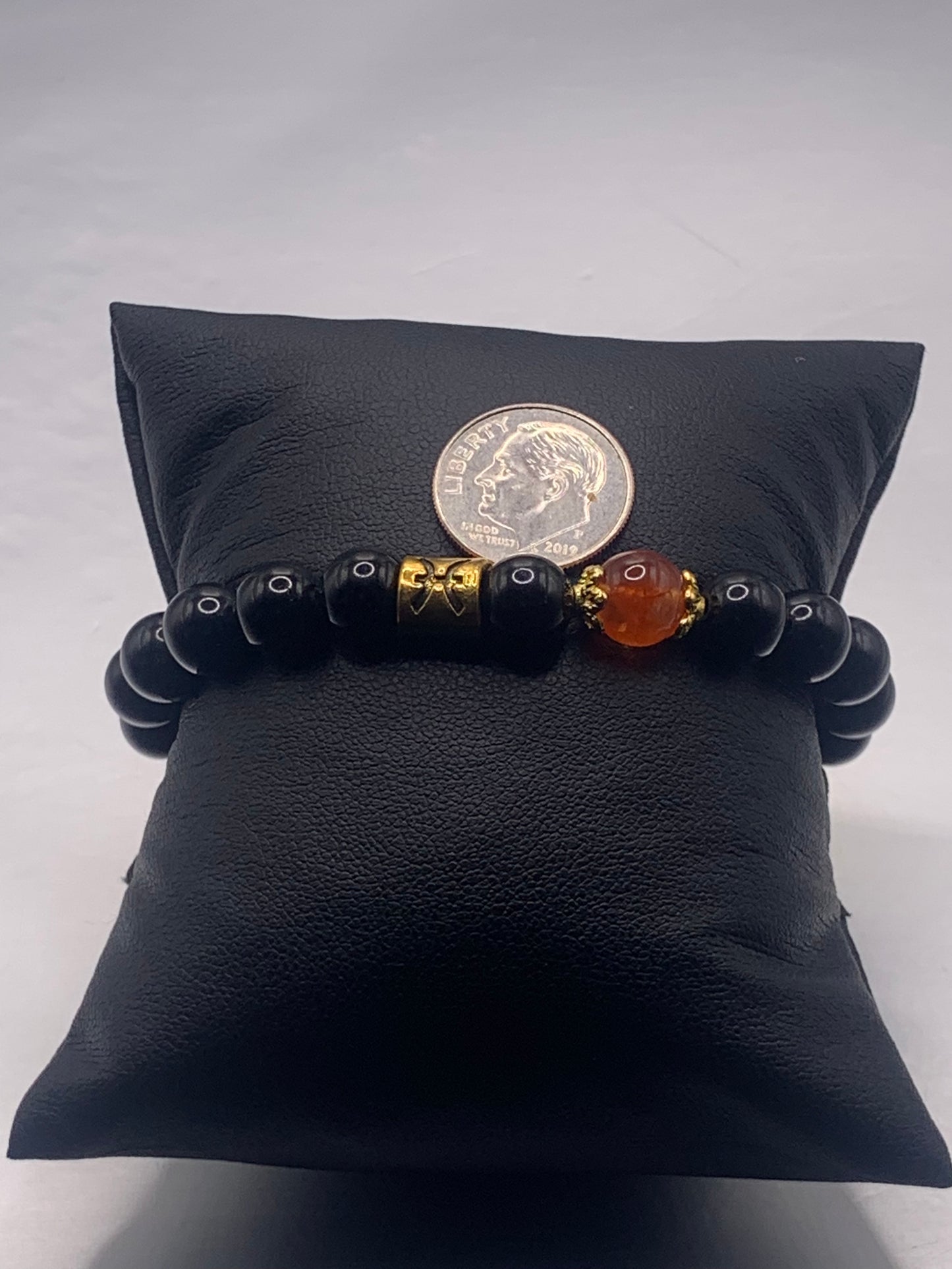 Pisces Zodiac black obsidian with phoenix agate elastic beaded bracelet with gold accents