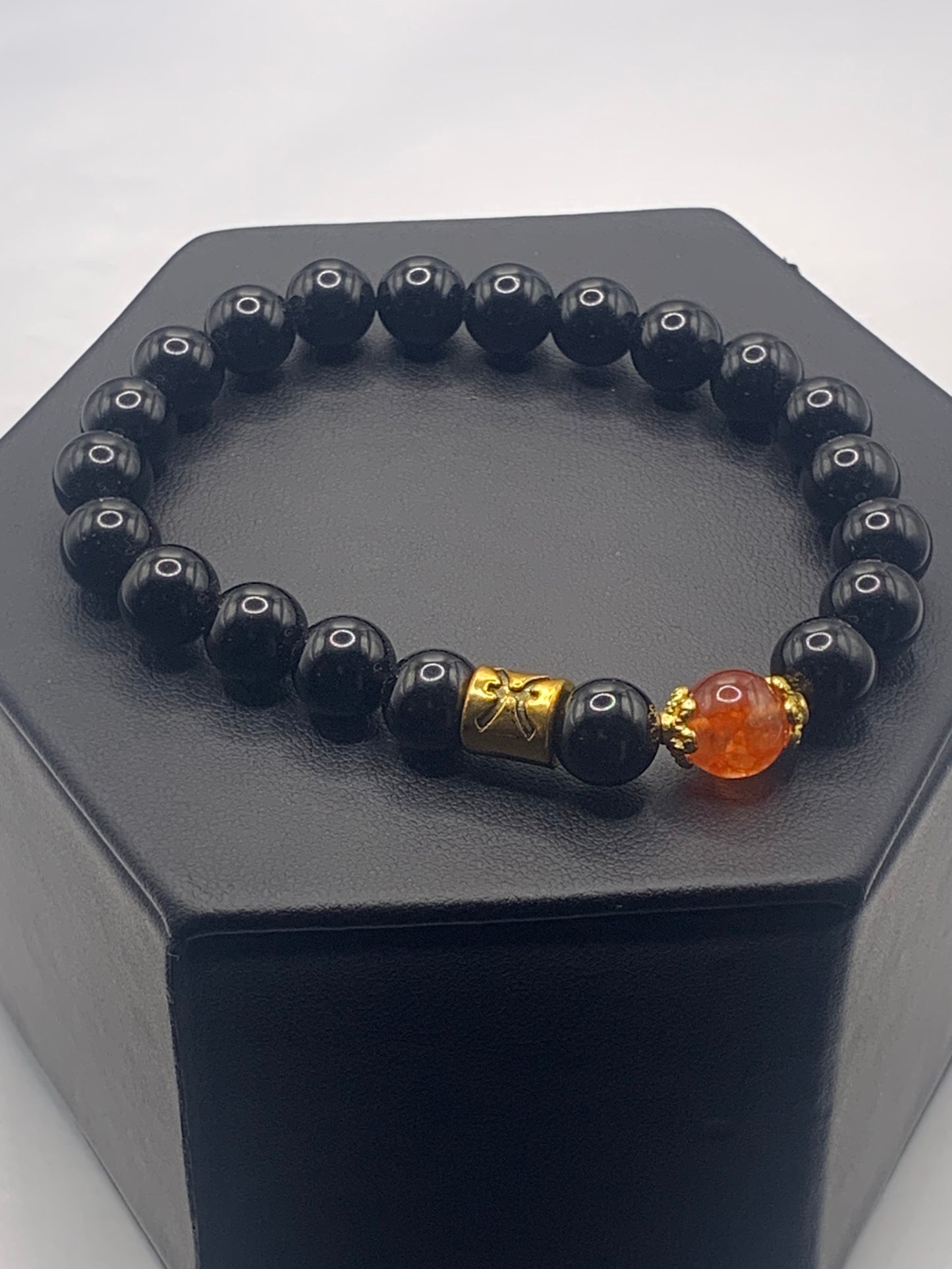 Pisces Zodiac black obsidian with phoenix agate elastic beaded bracelet with gold accents