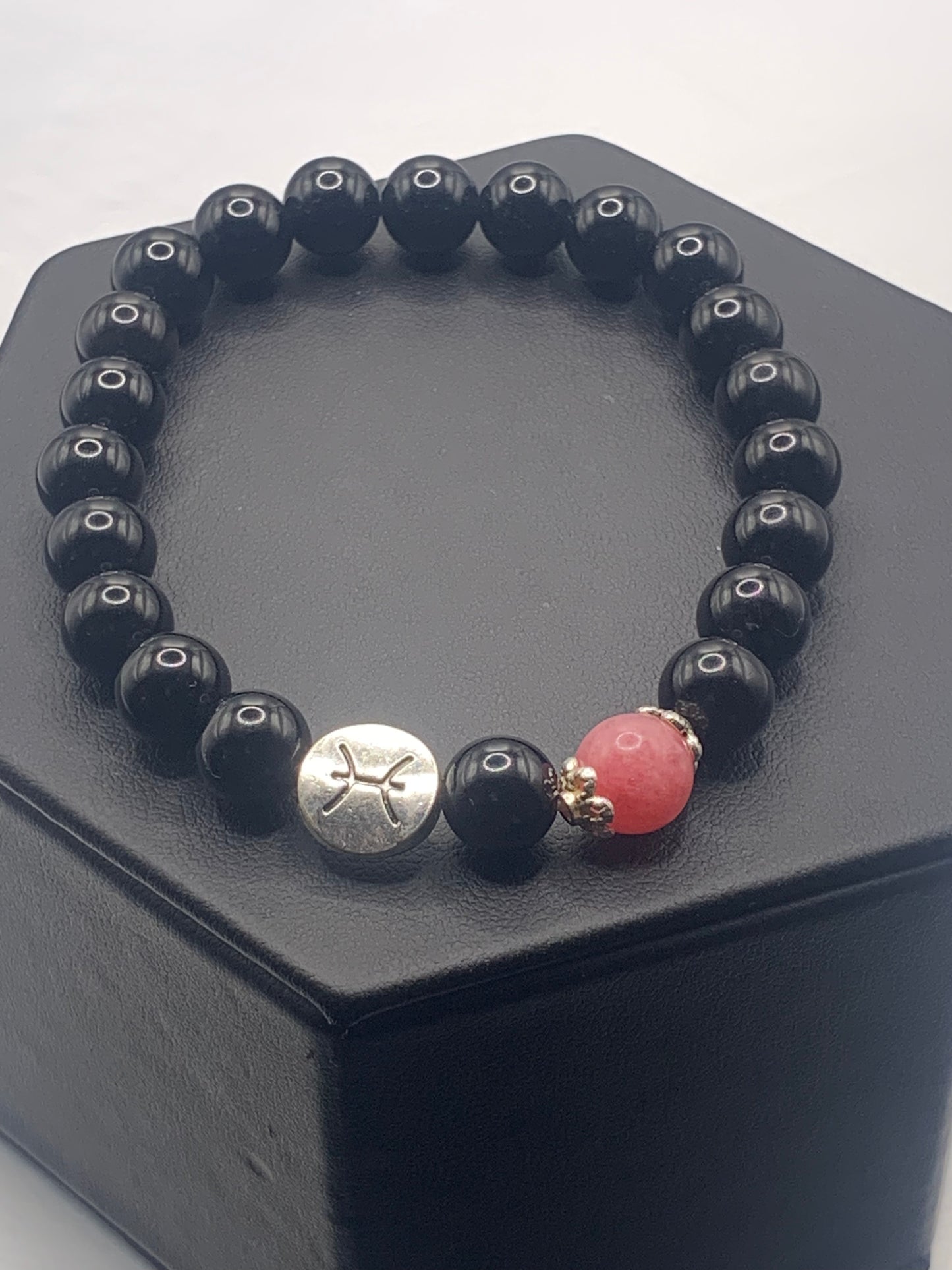 Pisces Zodiac black obsidian with pink chalcedony elastic beaded bracelet with silver accents