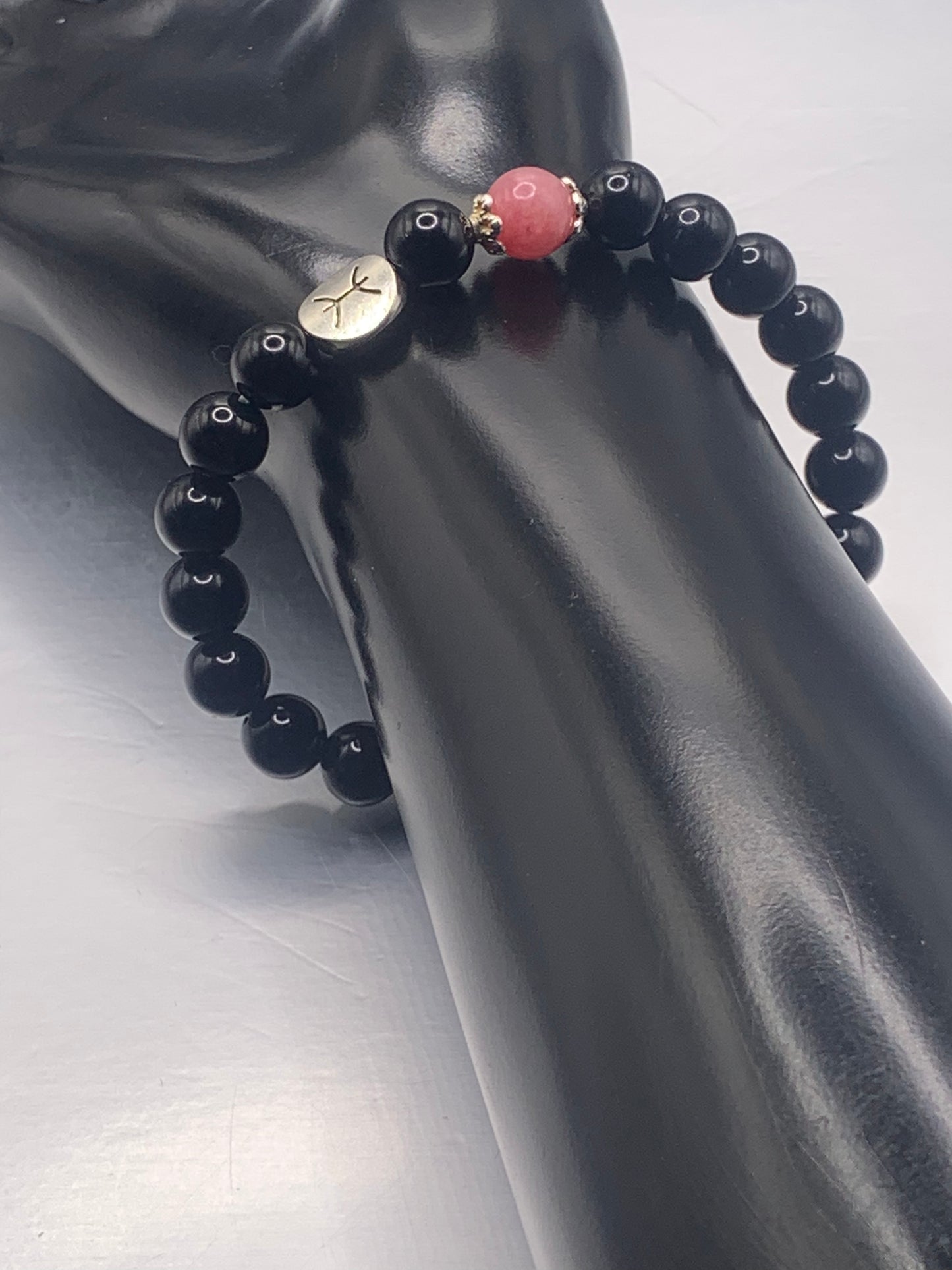 Pisces Zodiac black obsidian with pink chalcedony elastic beaded bracelet with silver accents