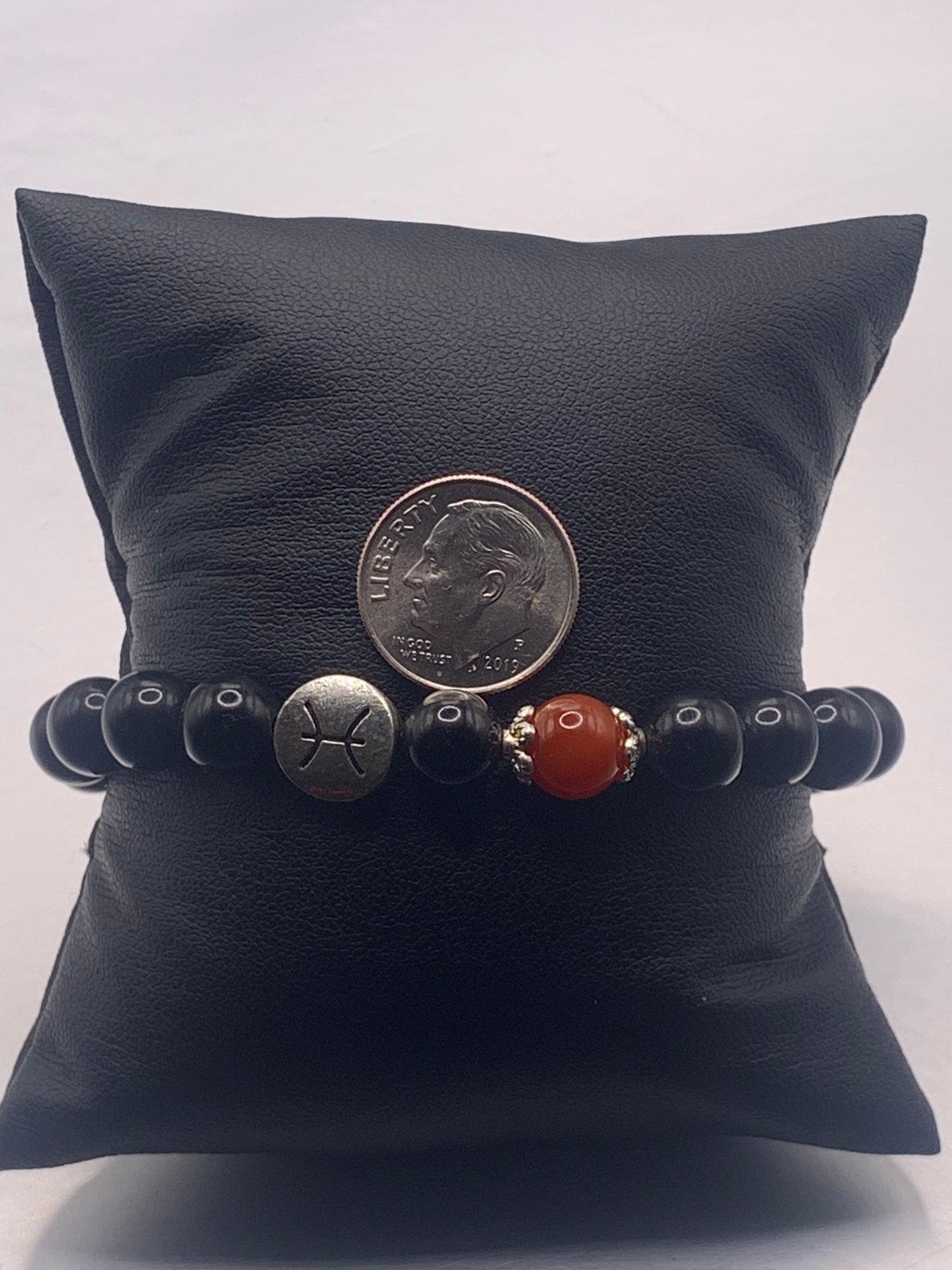 Pisces Zodiac black obsidian with red agate elastic beaded bracelet with silver accents