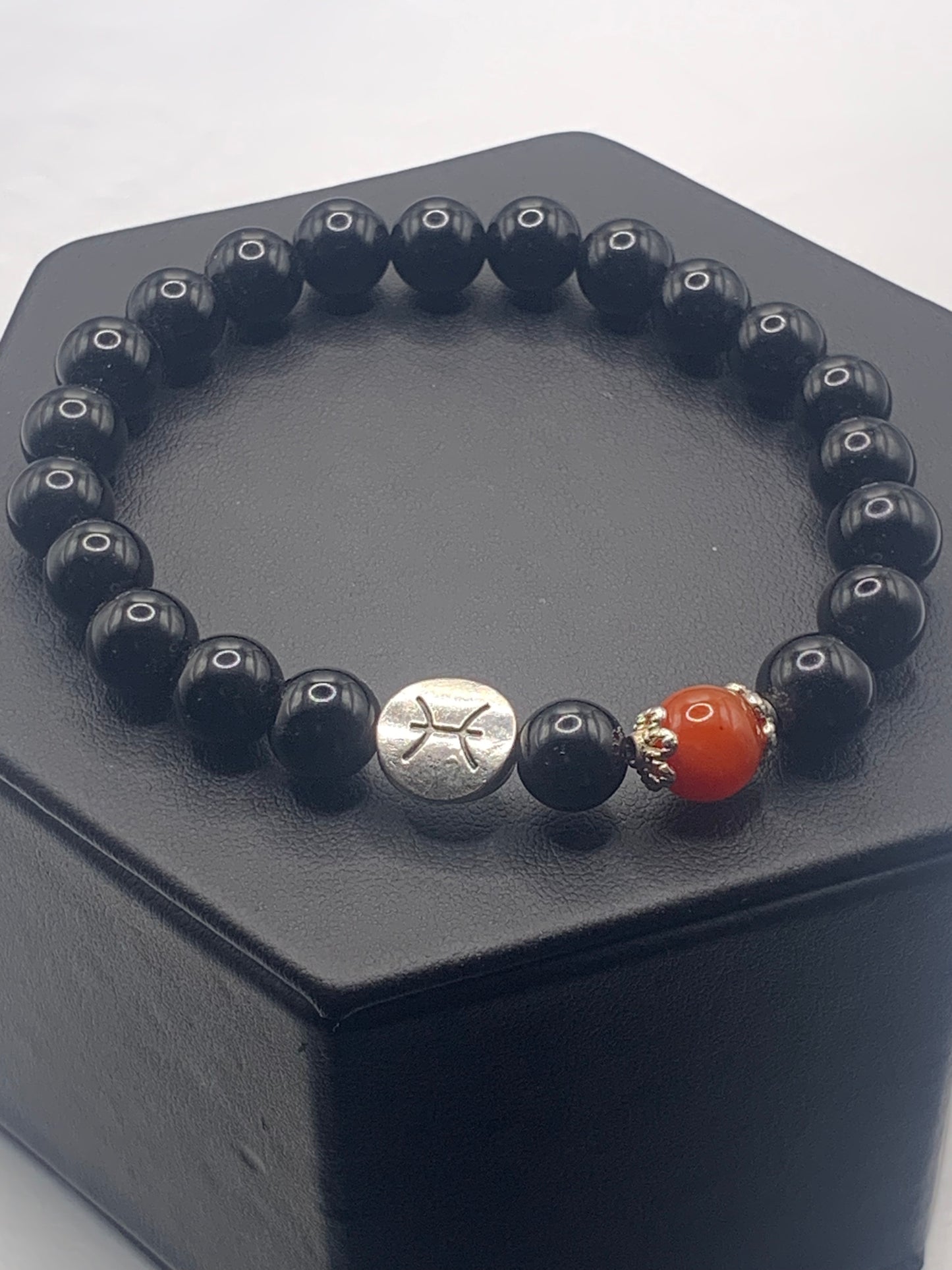 Pisces Zodiac black obsidian with red agate elastic beaded bracelet with silver accents