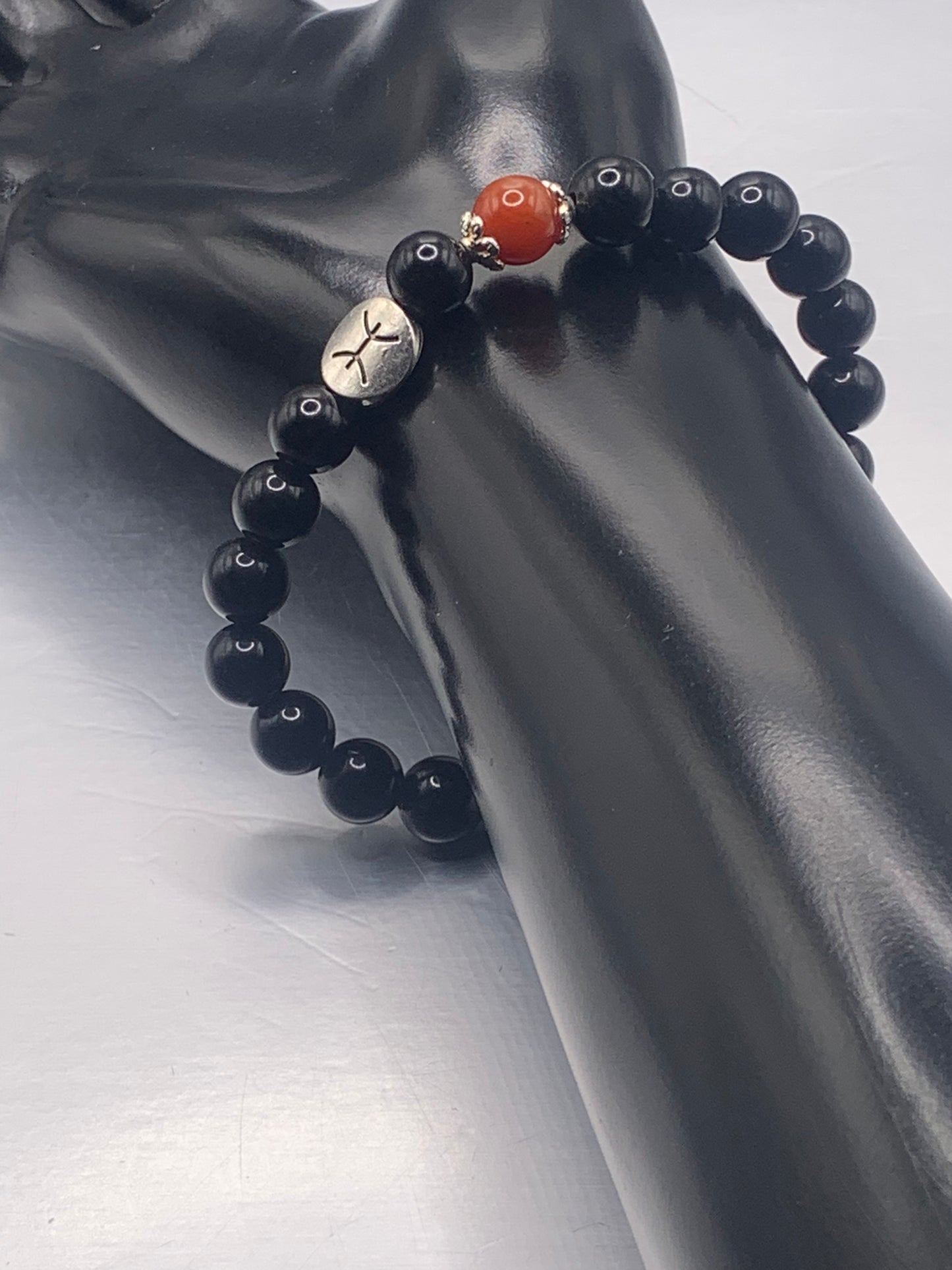 Pisces Zodiac black obsidian with red agate elastic beaded bracelet with silver accents