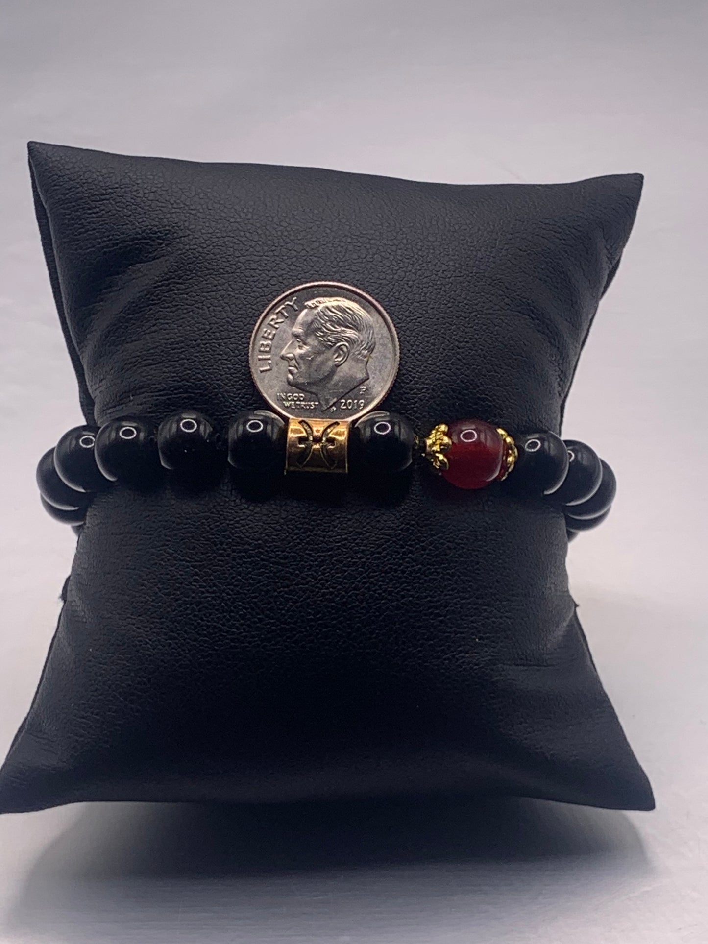 Pisces Zodiac black obsidian with red chalcedony elastic beaded bracelet with gold accents