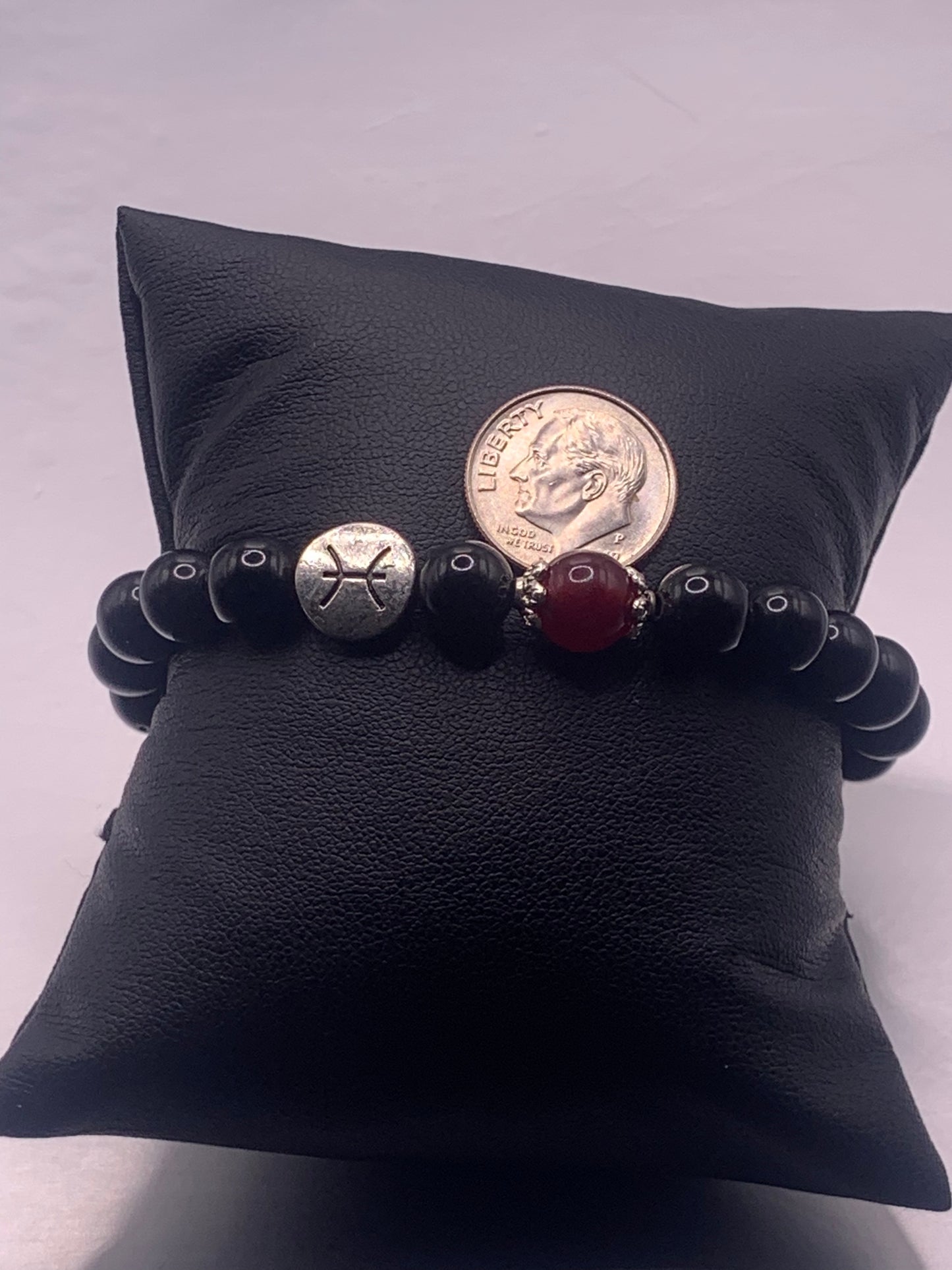 Pisces Zodiac black obsidian with red chalcedony elastic beaded bracelet with silver accents