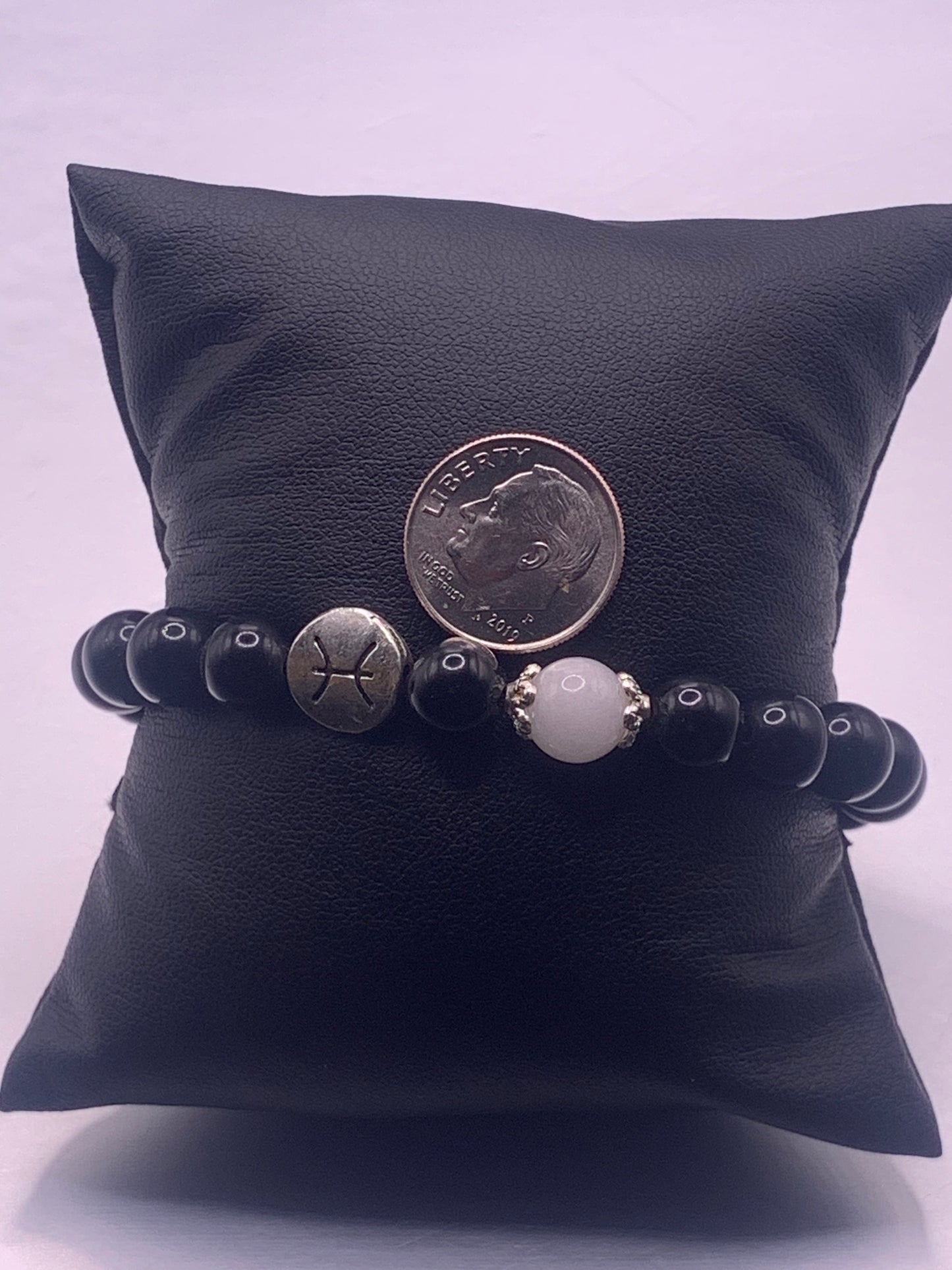 Pisces Zodiac black obsidian with white chalcedony elastic beaded bracelet with silver accents