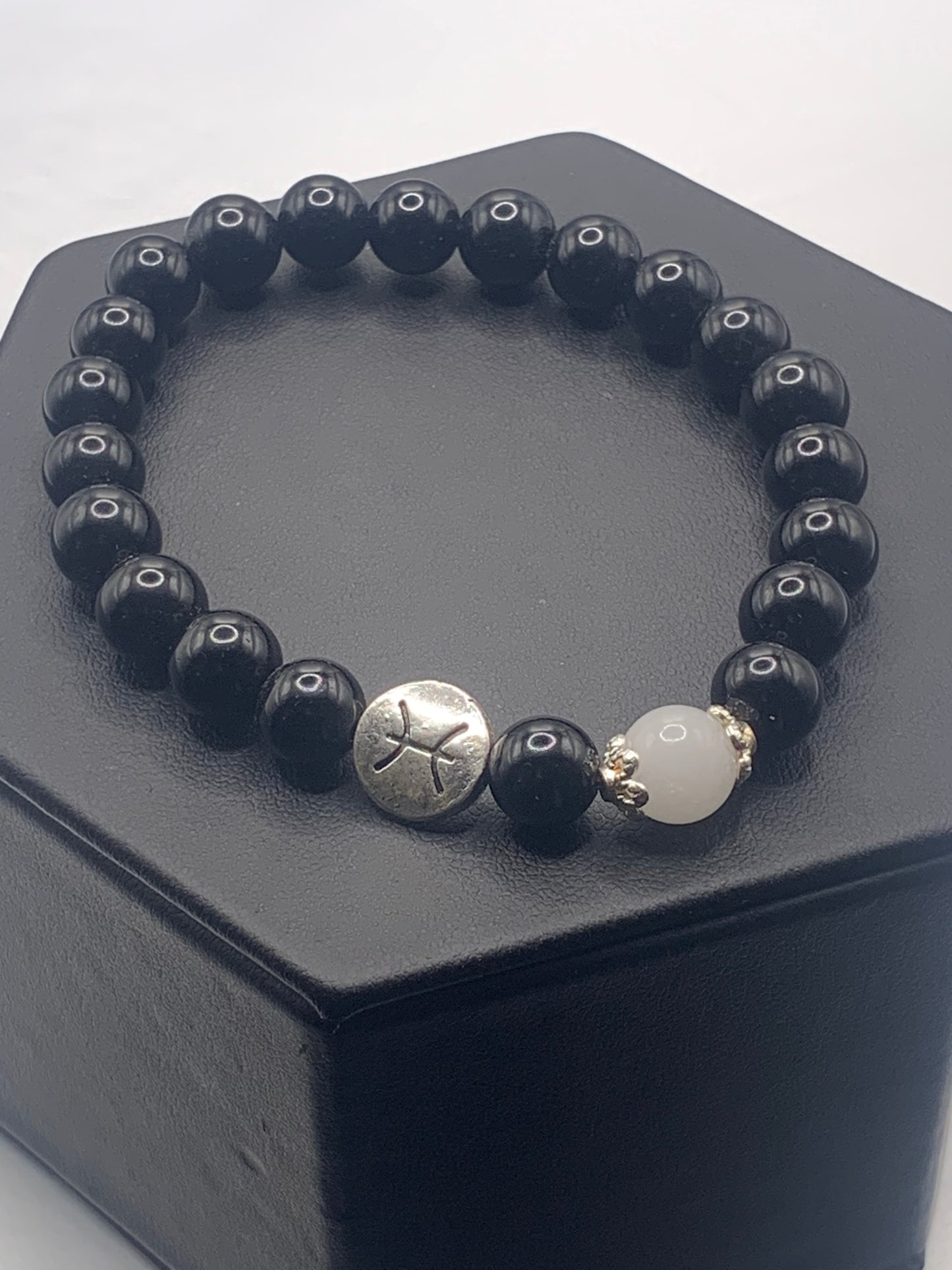 Pisces Zodiac black obsidian with white chalcedony elastic beaded bracelet with silver accents