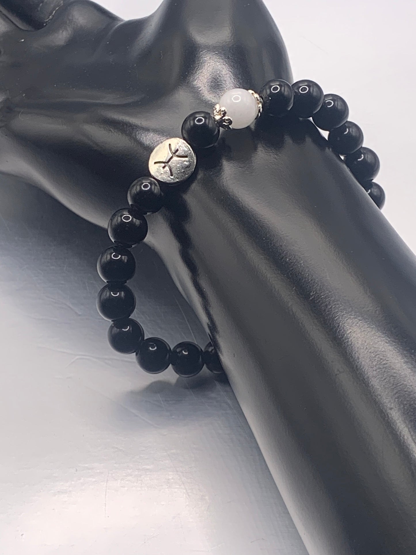 Pisces Zodiac black obsidian with white chalcedony elastic beaded bracelet with silver accents