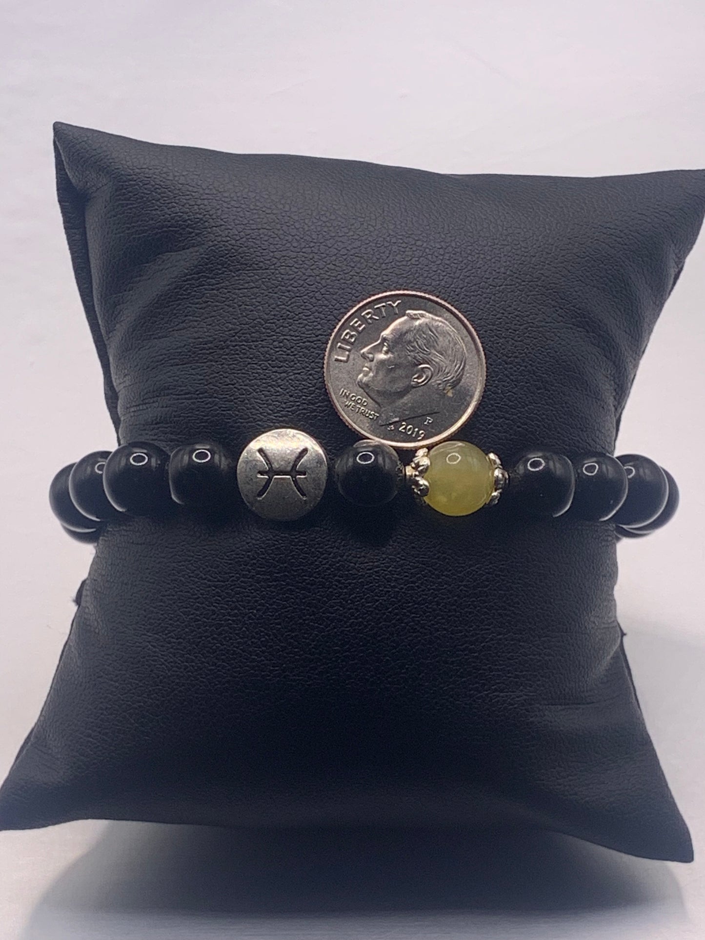 Pisces Zodiac black obsidian with yellow agate elastic beaded bracelet with silver accents