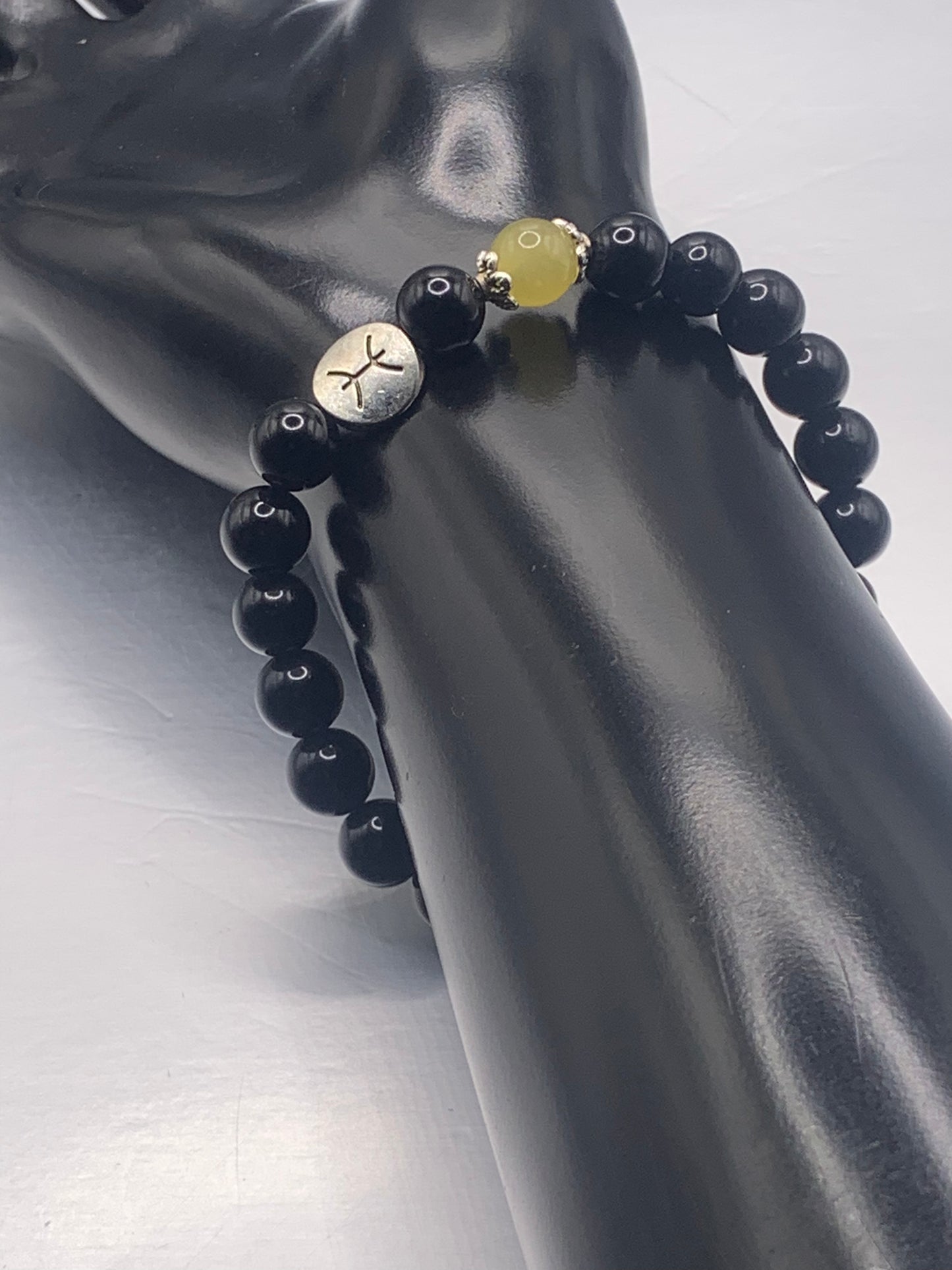 Pisces Zodiac black obsidian with yellow agate elastic beaded bracelet with silver accents