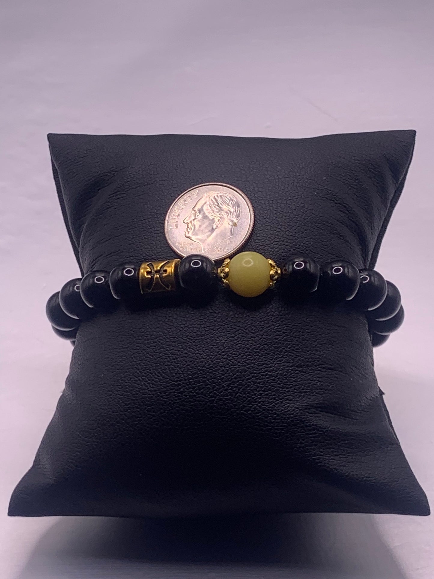 Pisces Zodiac black obsidian with yellow jade elastic beaded bracelet with gold accents