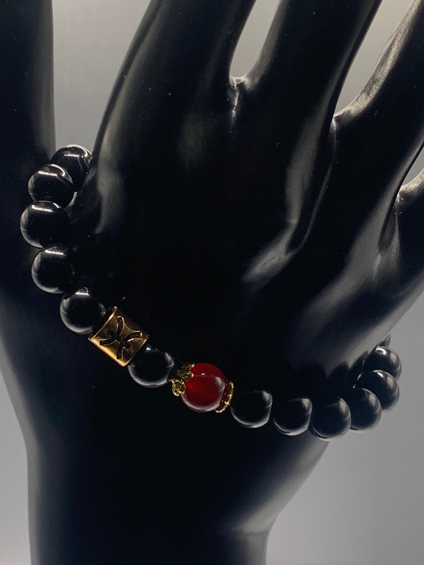 Pisces Zodiac black obsidian with red chalcedony elastic beaded bracelet with gold accents