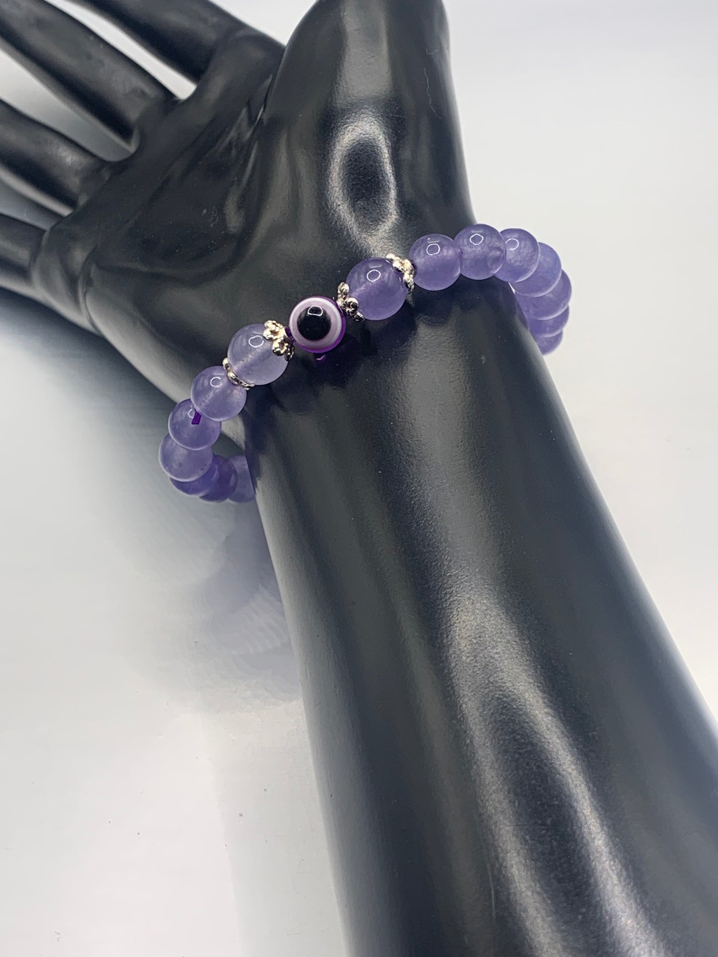 Purple agate semi precious stone/crystal with resin evil eye beaded elastic bracelet
