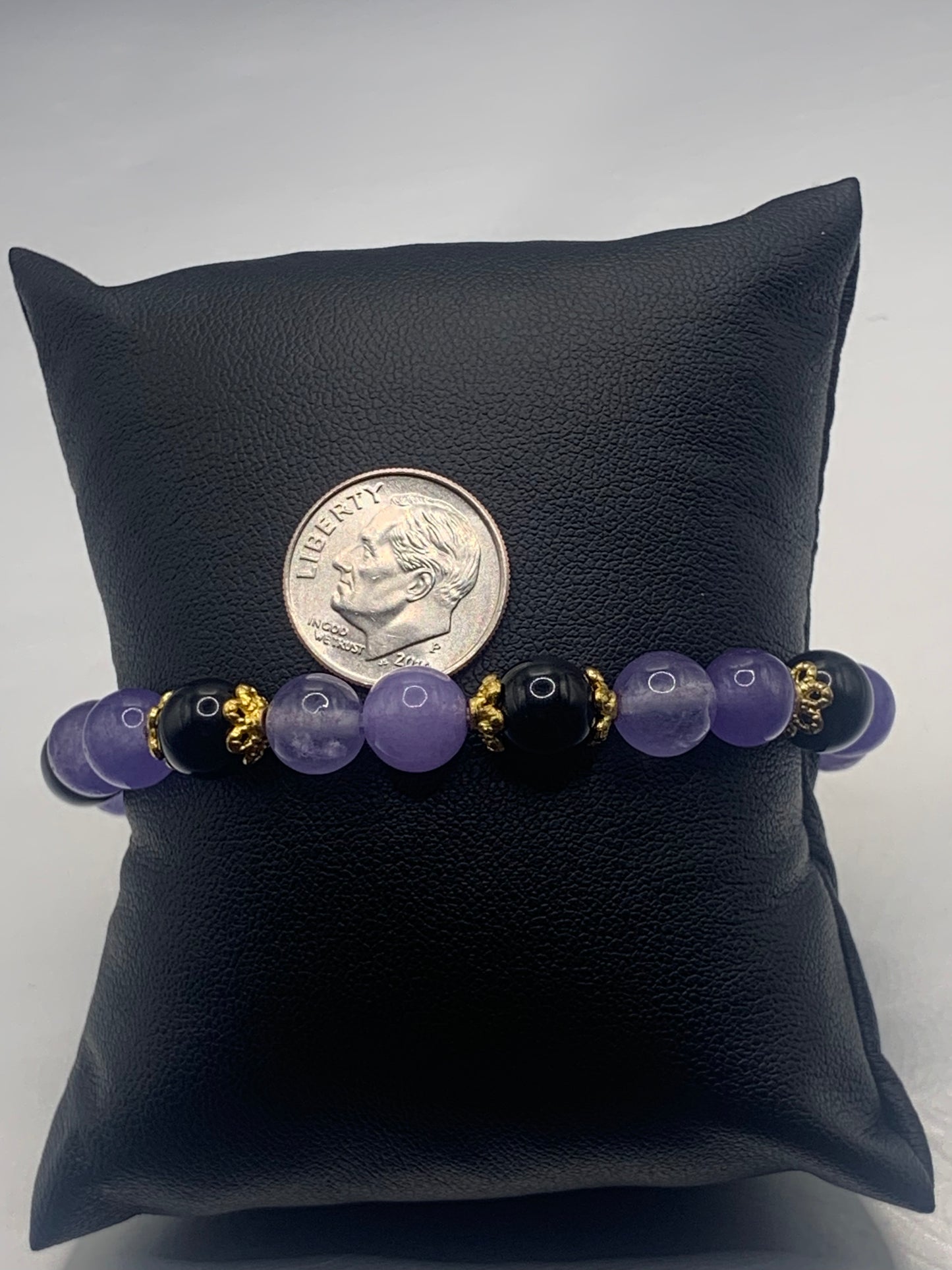 Black obsidian with purple agate semi precious stone/crystal beaded elastic bracelet with gold plated flower bead caps