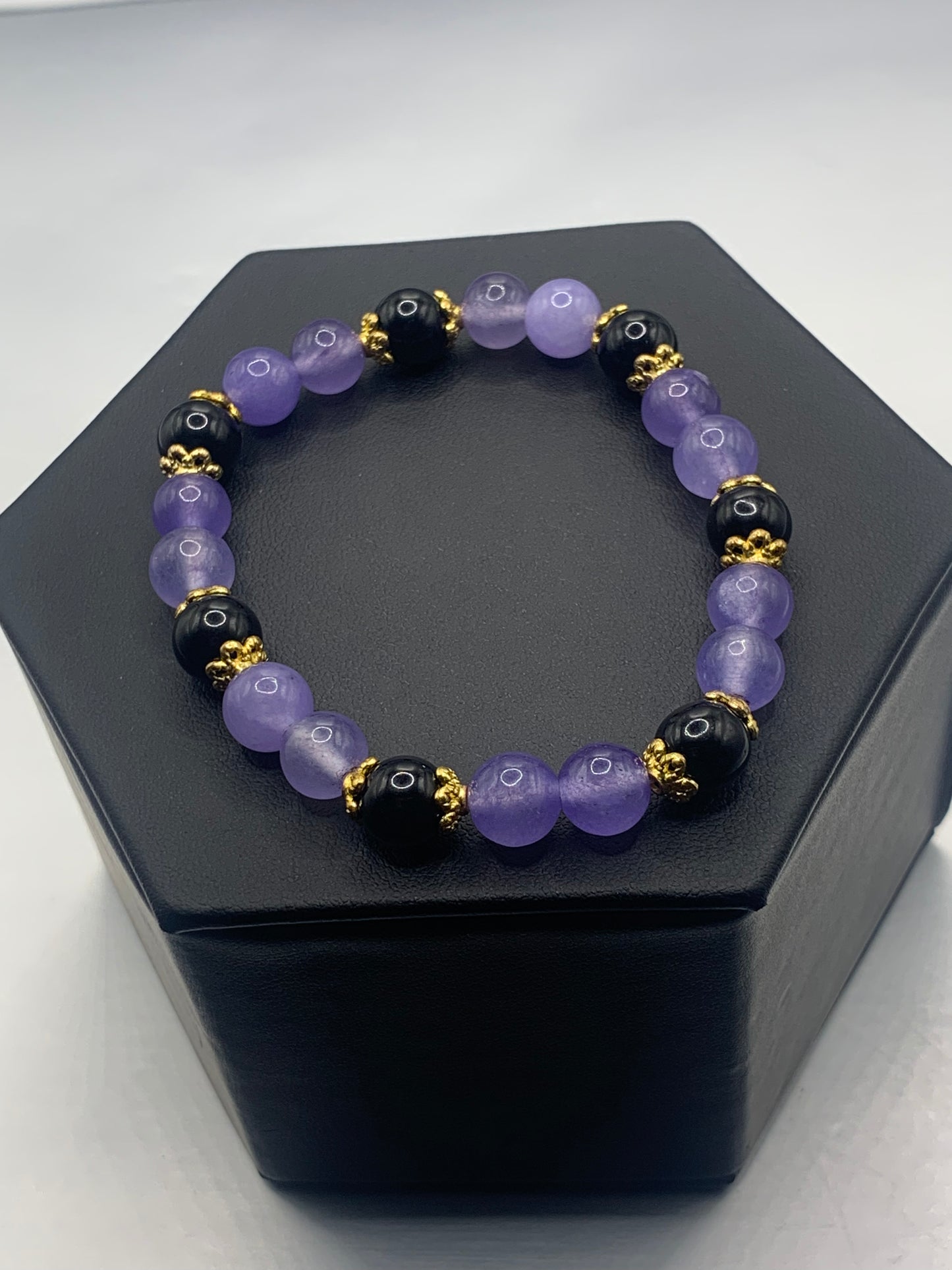 Black obsidian with purple agate semi precious stone/crystal beaded elastic bracelet with gold plated flower bead caps