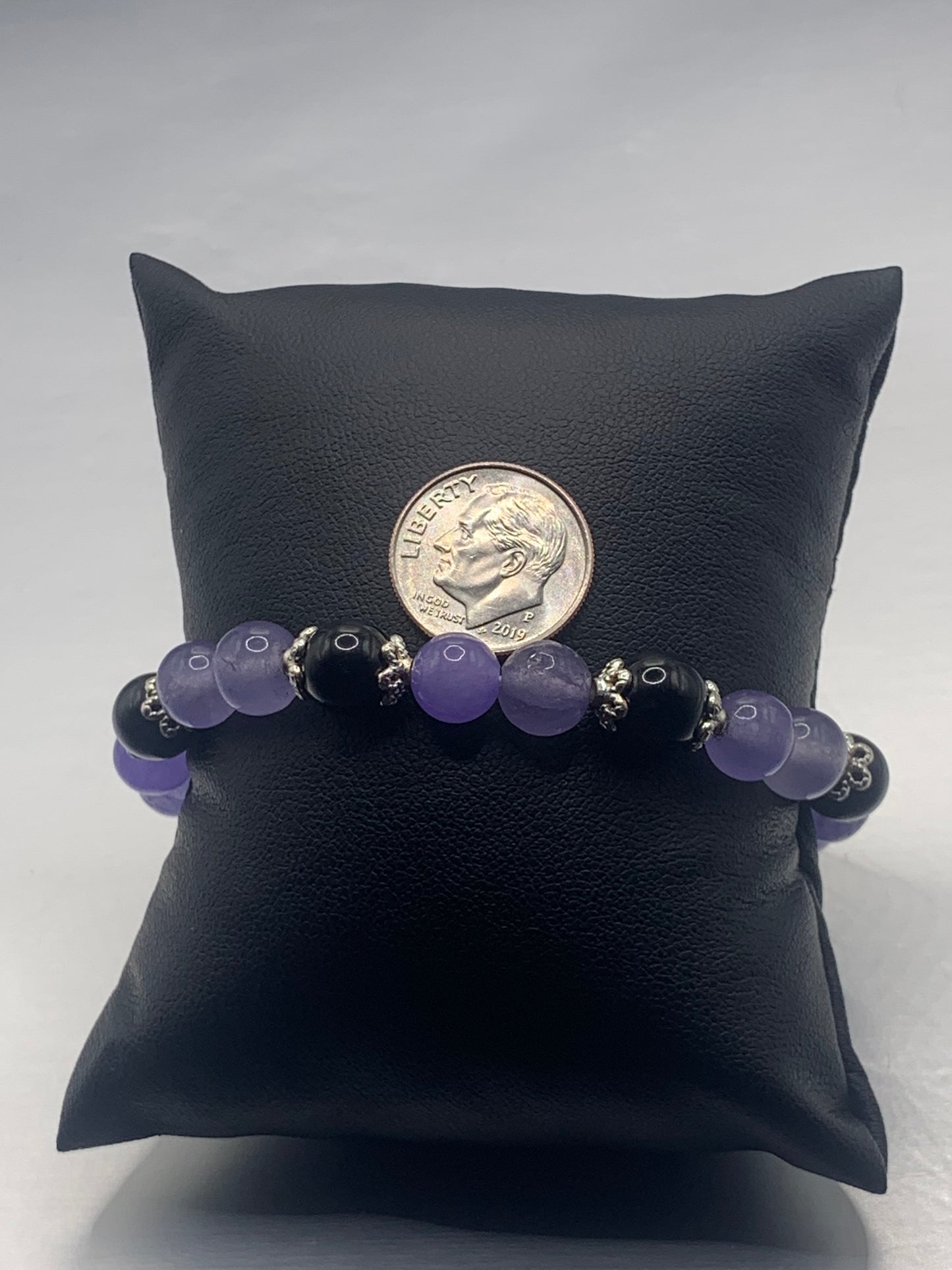 Black obsidian with purple agate semi precious stone/crystal beaded elastic bracelet with silver plated flower bead caps